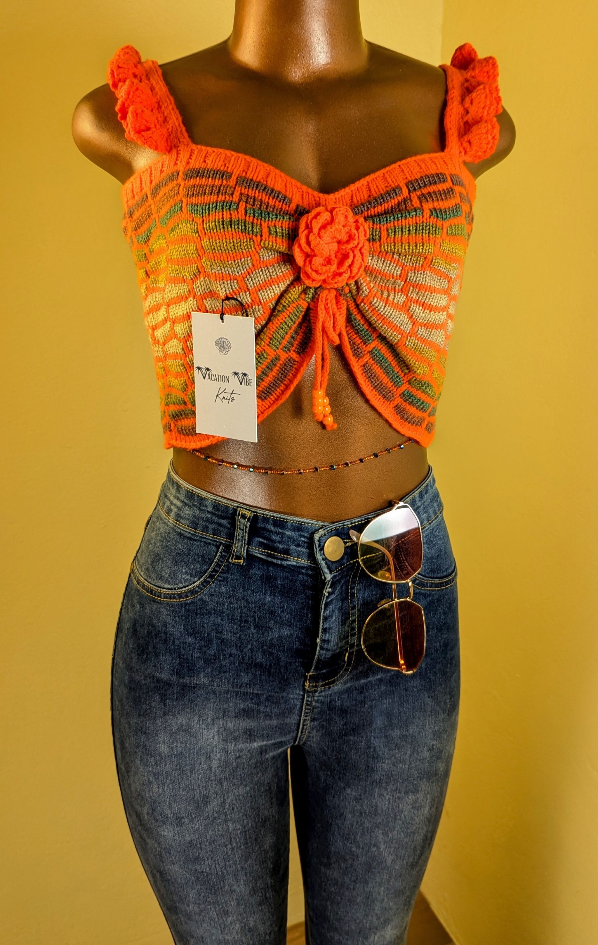 Honeycomb Floral Statement Crop Top in Bright Orange_4