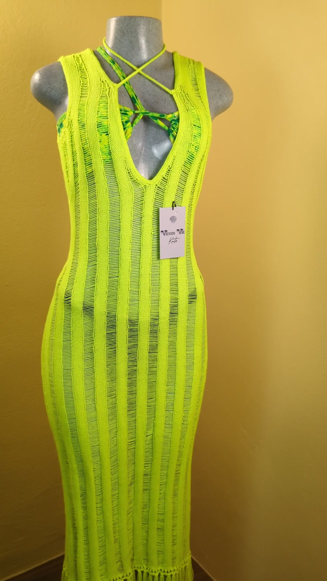  Neon Yellow Breezy Stripe Knitted Swimsuit Cover Up_3
