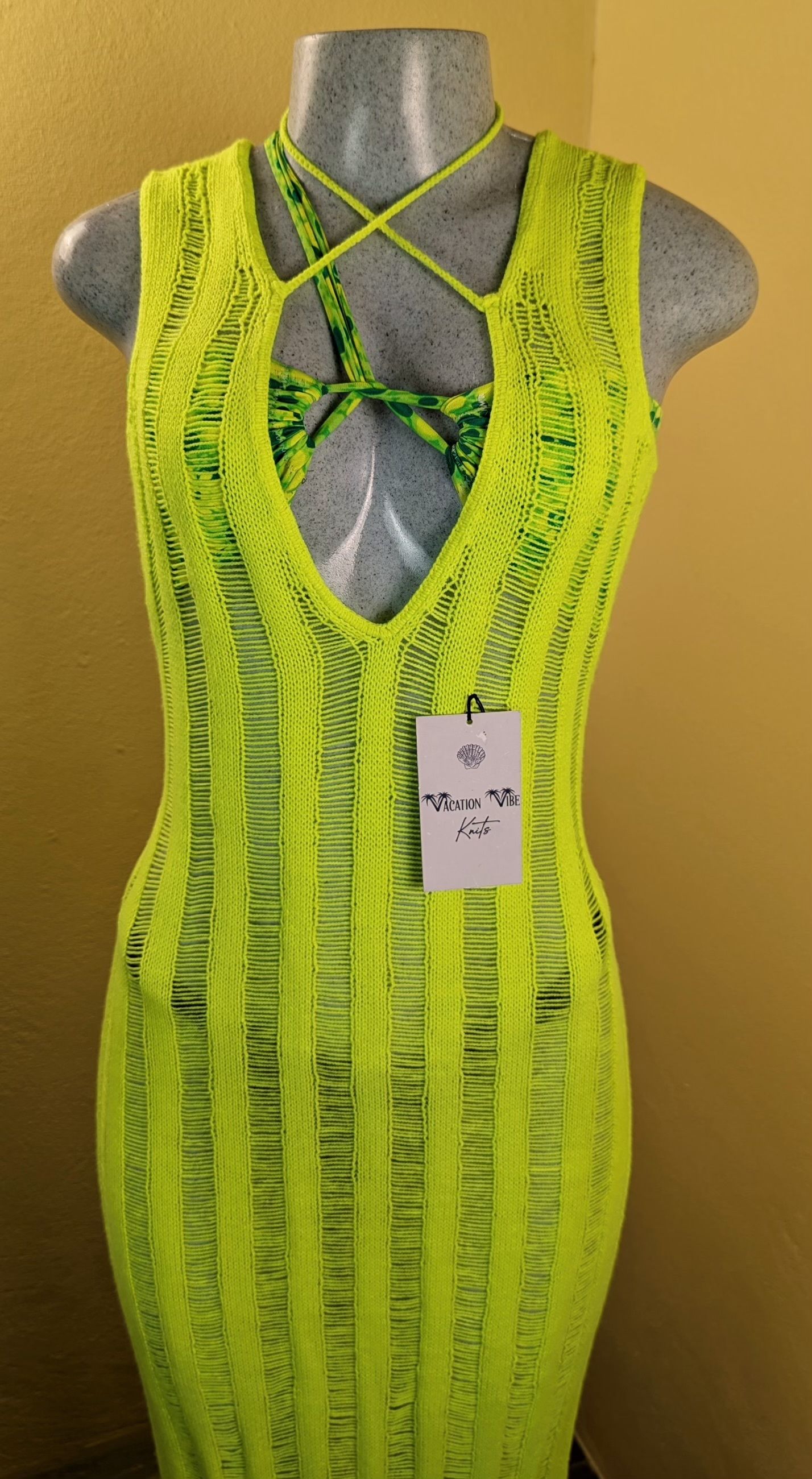  Neon Yellow Breezy Stripe Knitted Swimsuit Cover Up_12