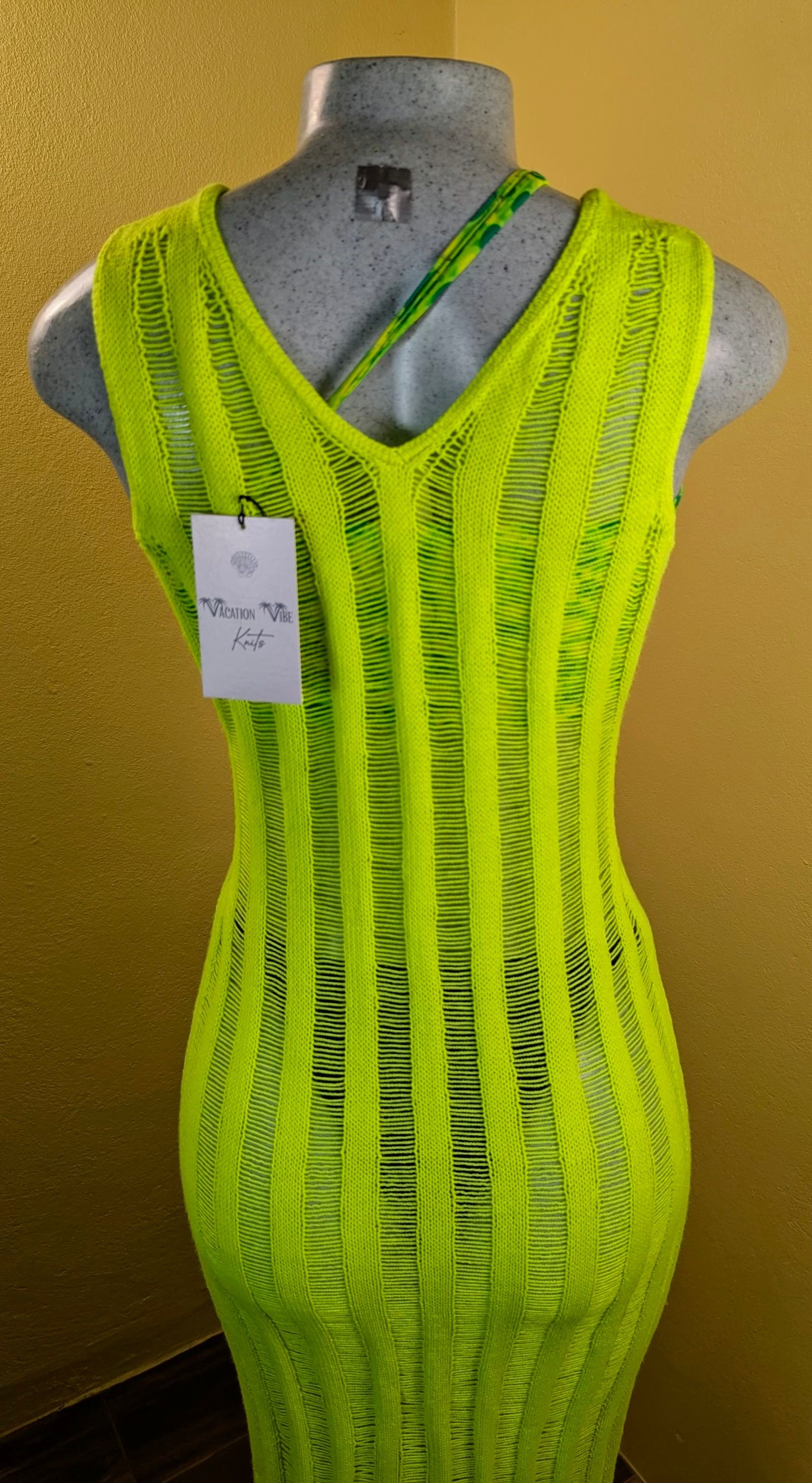  Neon Yellow Breezy Stripe Knitted Swimsuit Cover Up_9