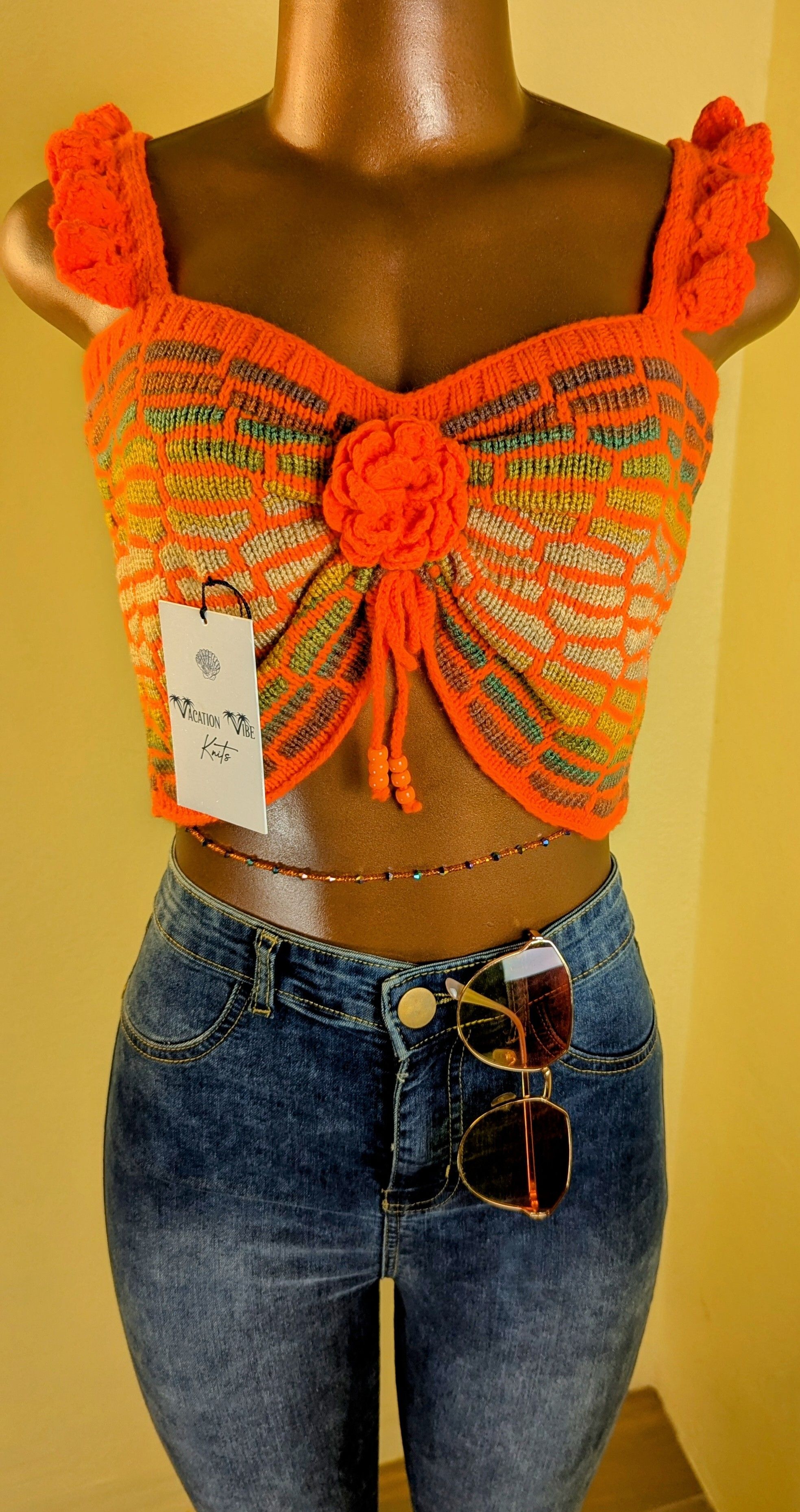  Honeycomb Floral Statement Crop Top in Bright Orange