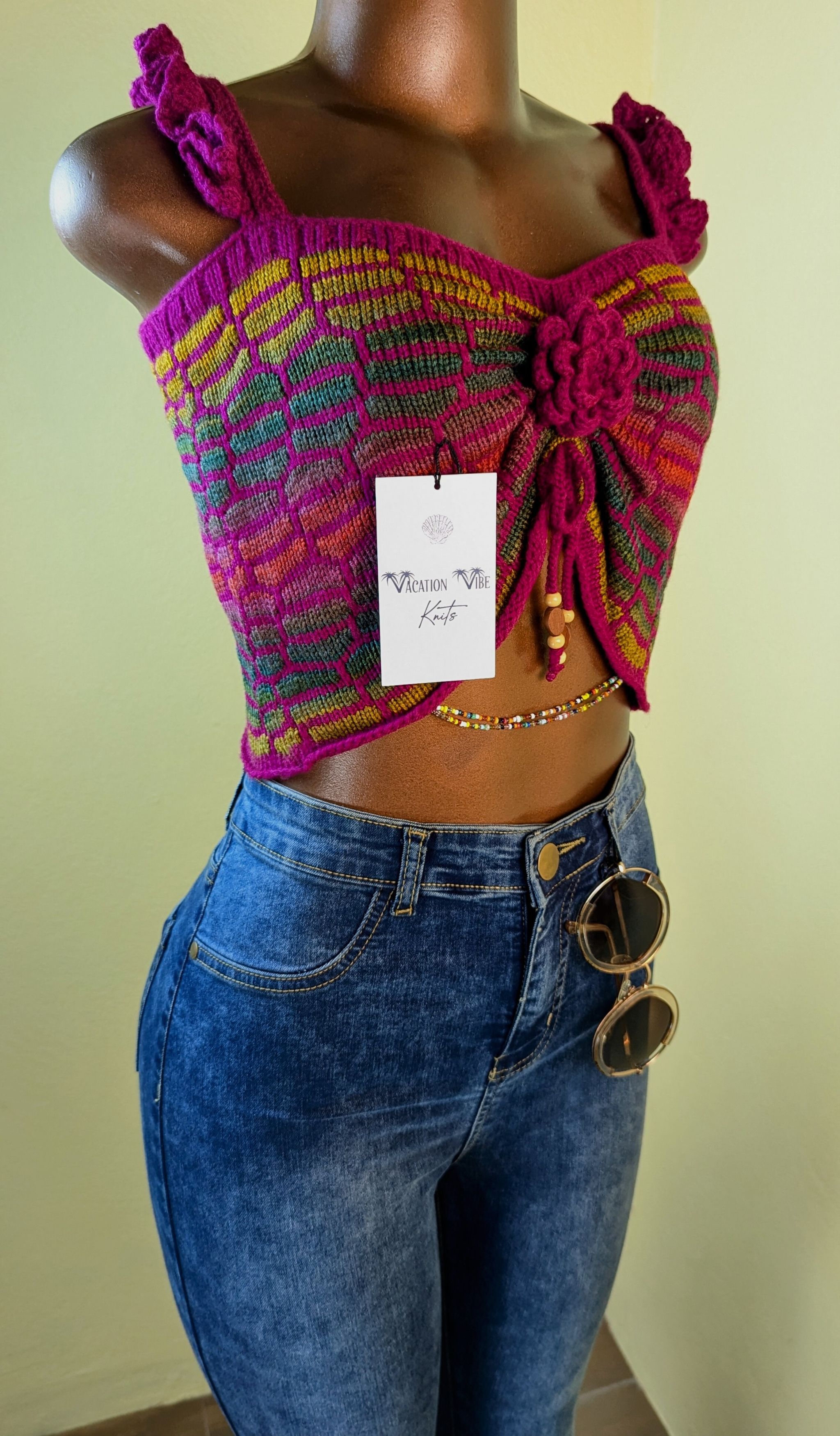  Honeycomb Floral Statement Crop Top in Dark Fuchsia Pink_4