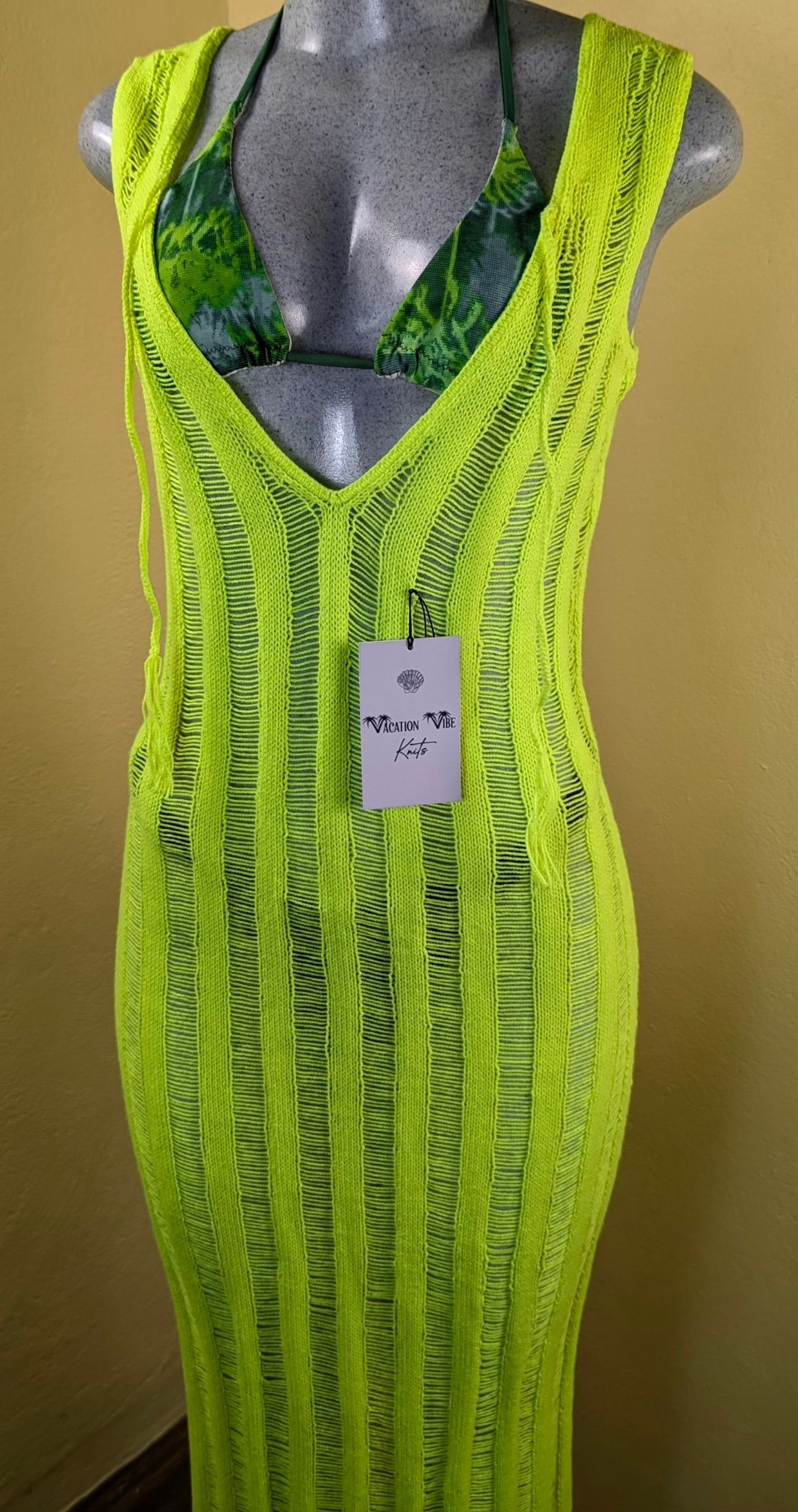  Neon Yellow Breezy Stripe Knitted Swimsuit Cover Up_5