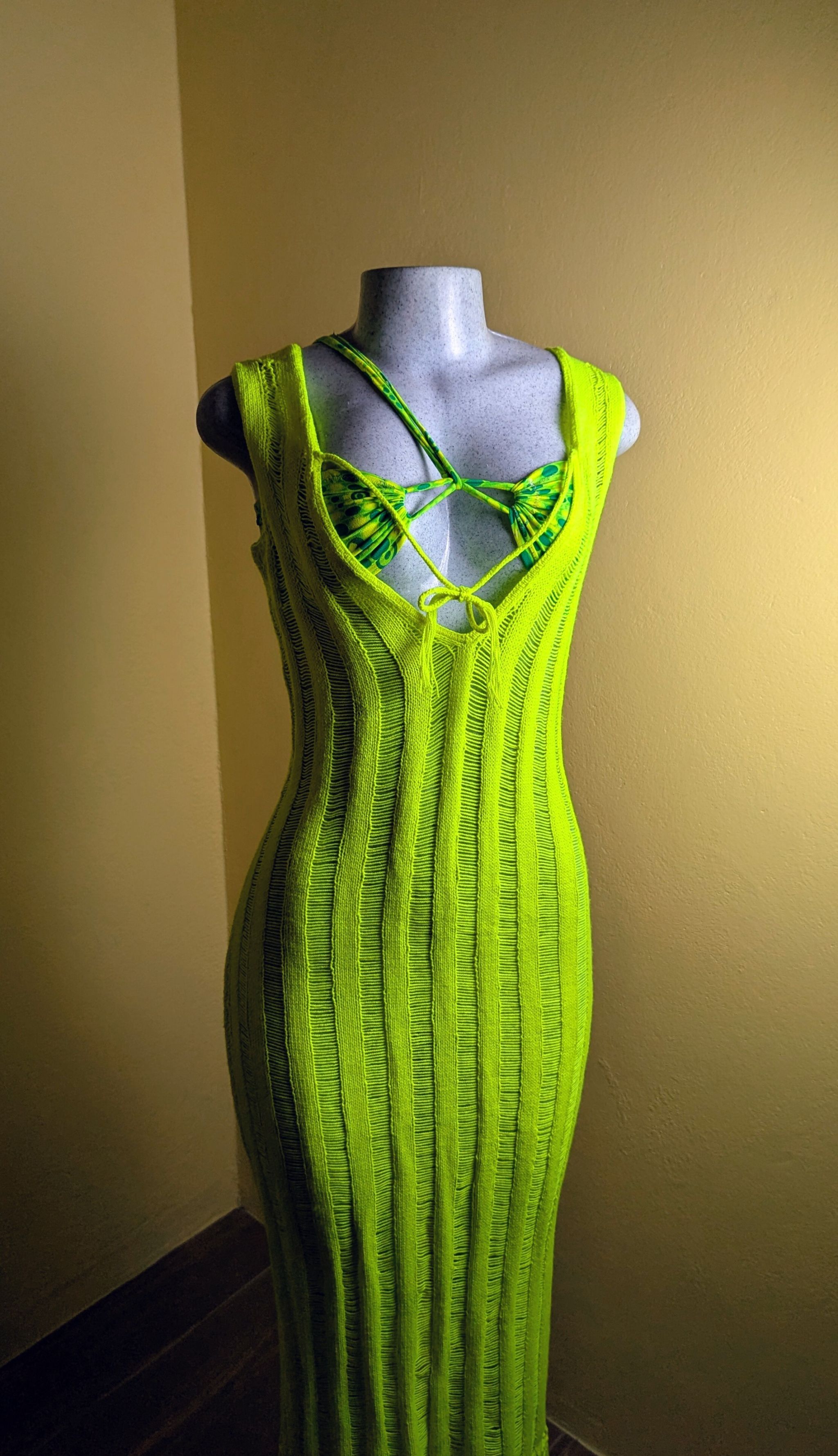  Neon Yellow Breezy Stripe Knitted Swimsuit Cover Up