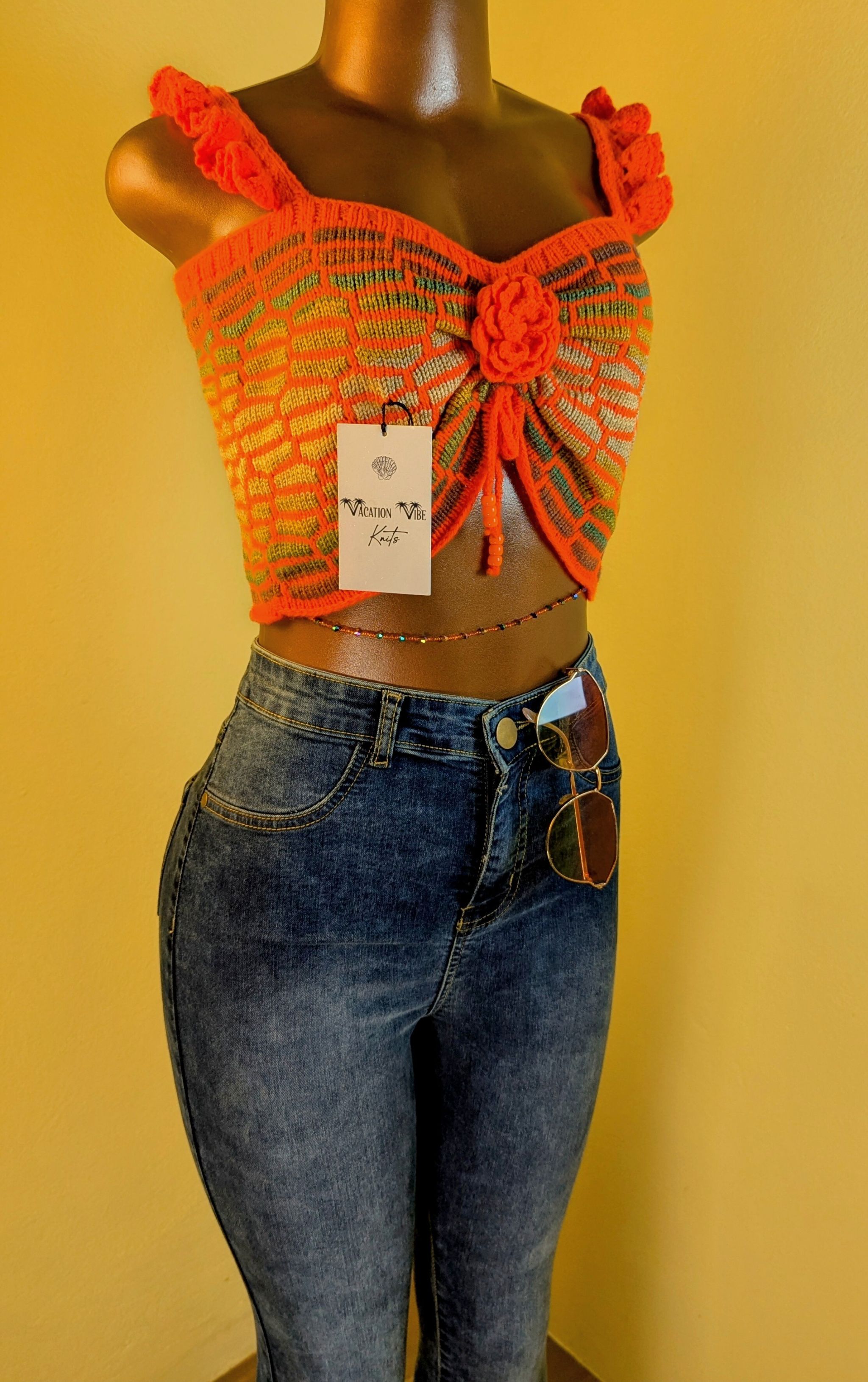  Honeycomb Floral Statement Crop Top in Bright Orange_3