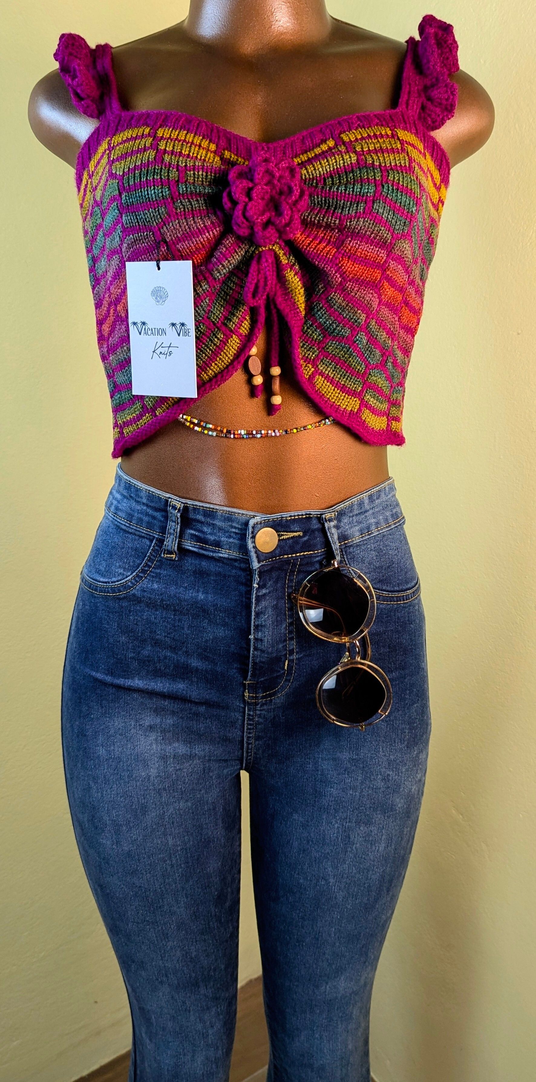  Honeycomb Floral Statement Crop Top in Dark Fuchsia Pink