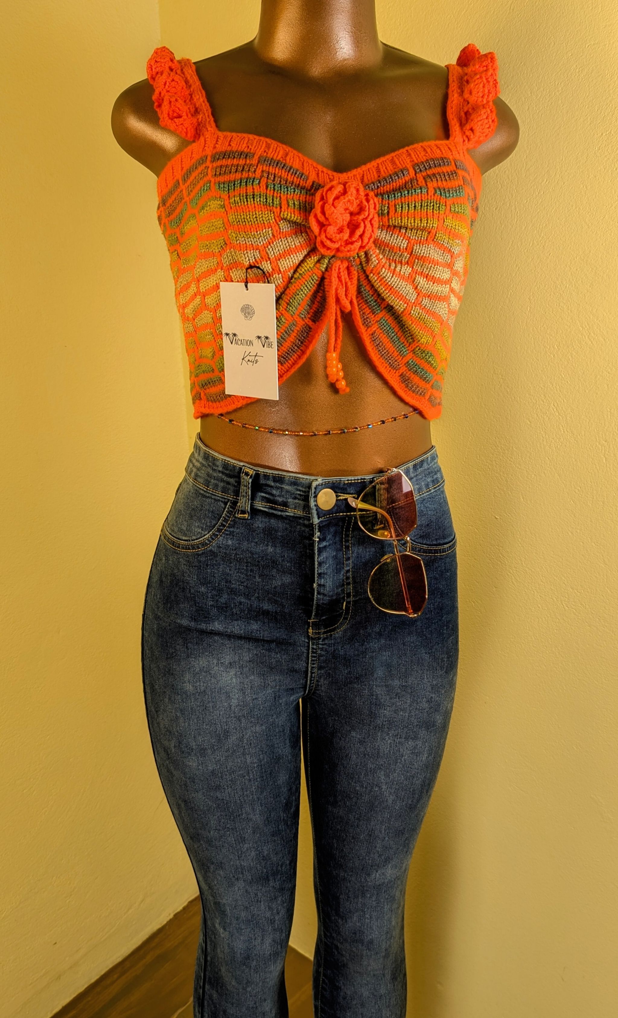 Honeycomb Floral Statement Crop Top in Bright Orange_6