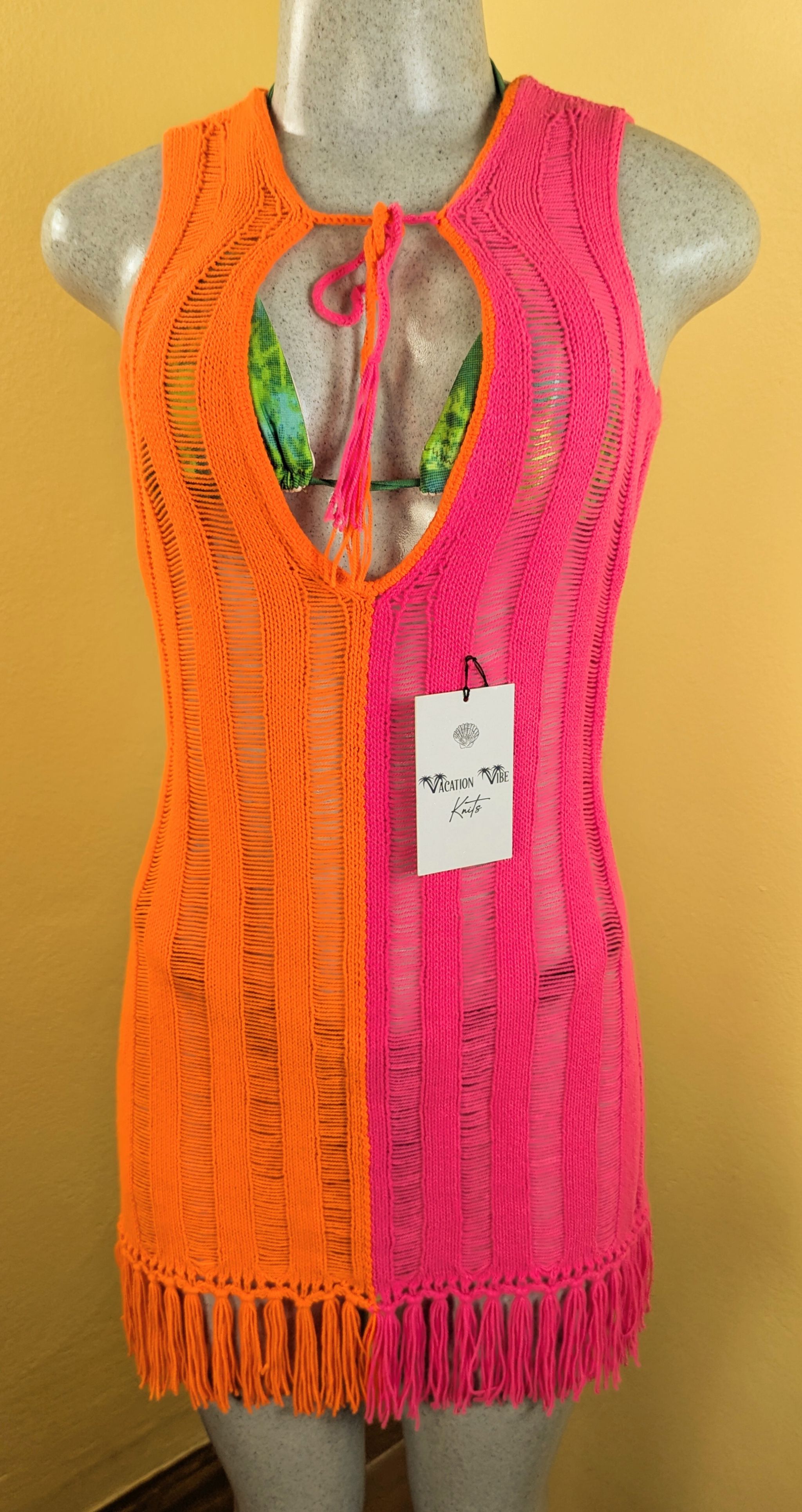  Color Block Breezy Stripe Knitted Swimsuit Cover Up in Pink and Orange