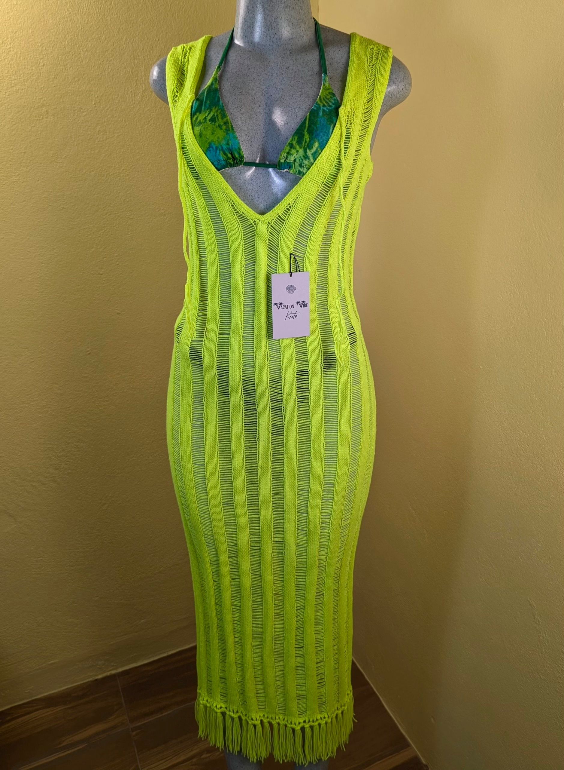 Neon Yellow Breezy Stripe Knitted Swimsuit Cover Up_8