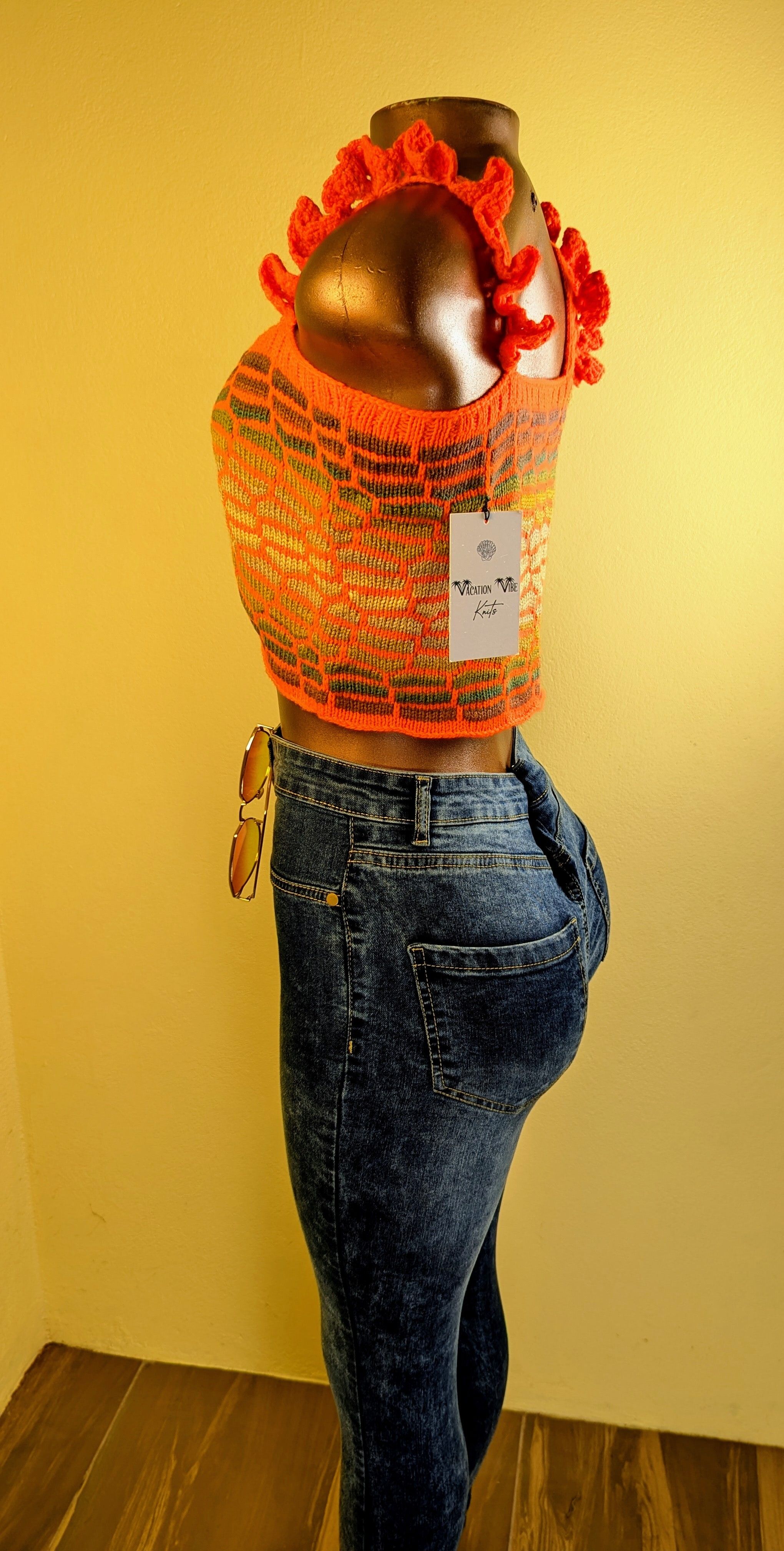  Honeycomb Floral Statement Crop Top in Bright Orange_11