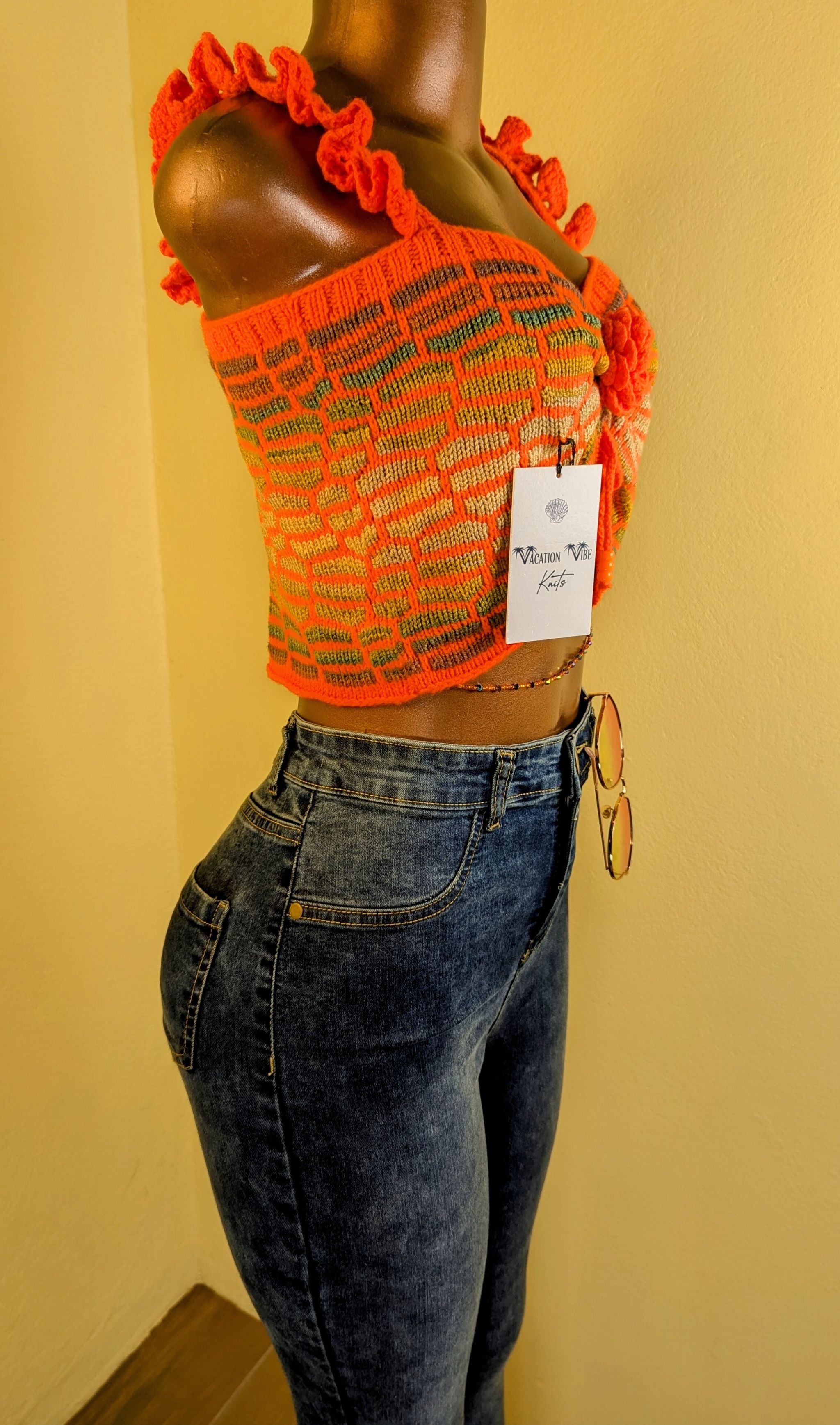  Honeycomb Floral Statement Crop Top in Bright Orange_7