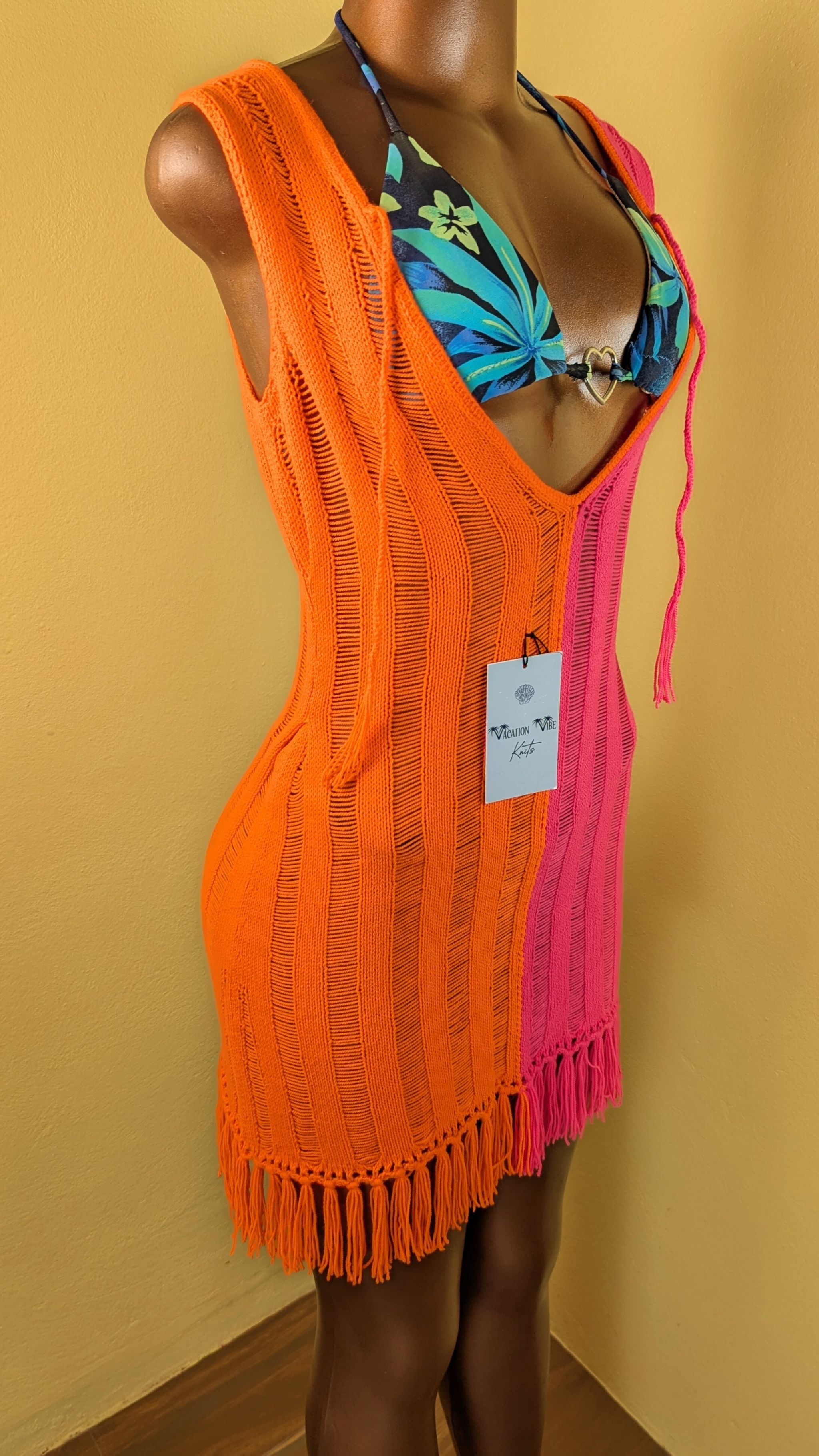  Color Block Breezy Stripe Knitted Swimsuit Cover Up in Pink and Orange