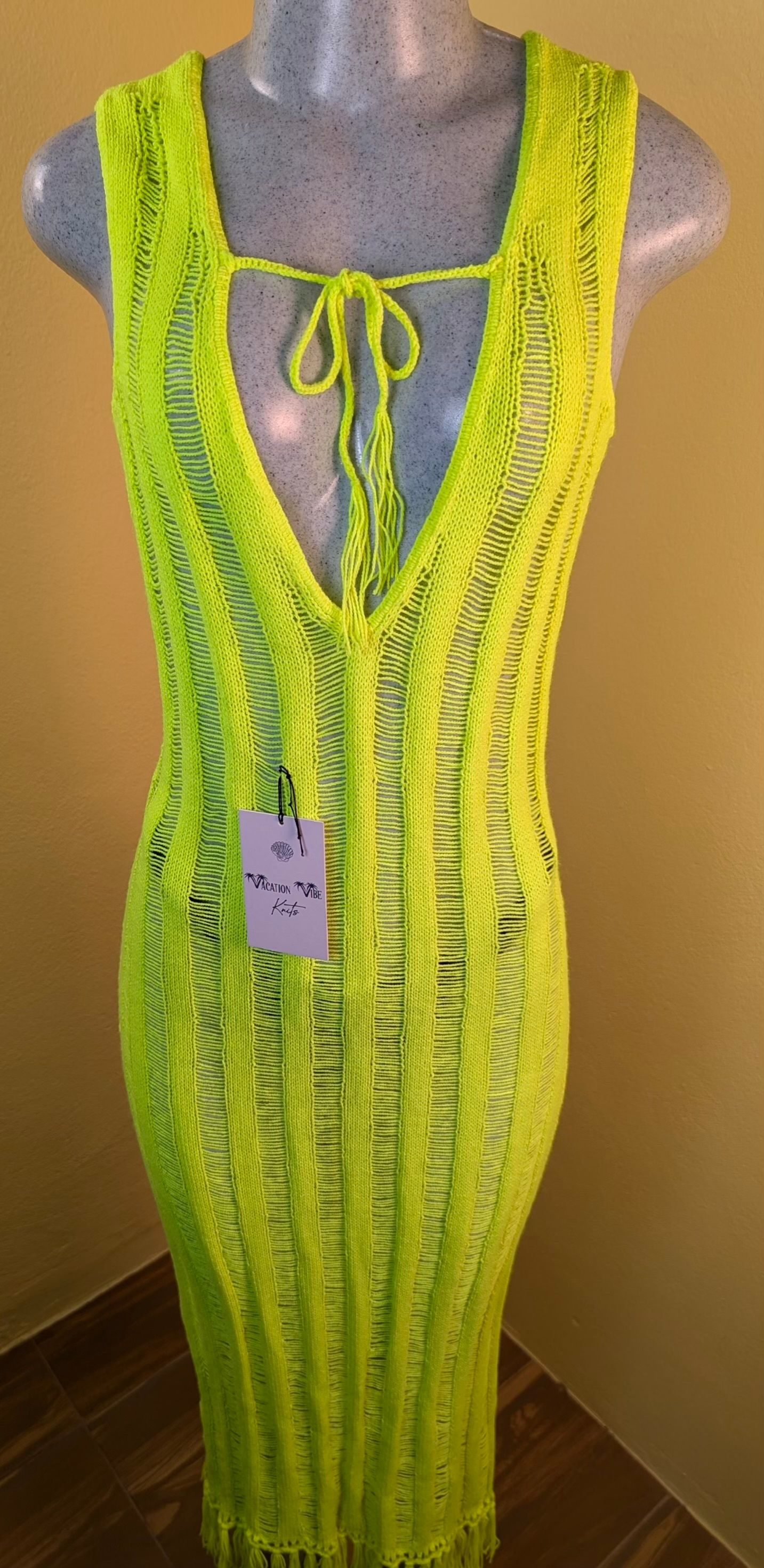  Neon Yellow Breezy Stripe Knitted Swimsuit Cover Up_11