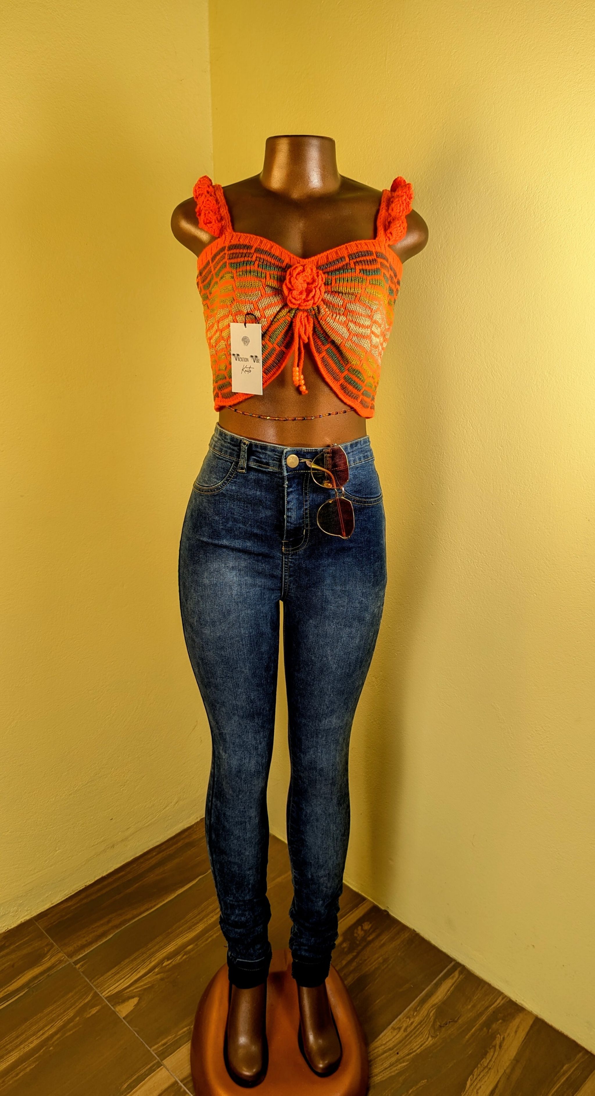  Honeycomb Floral Statement Crop Top in Bright Orange_5
