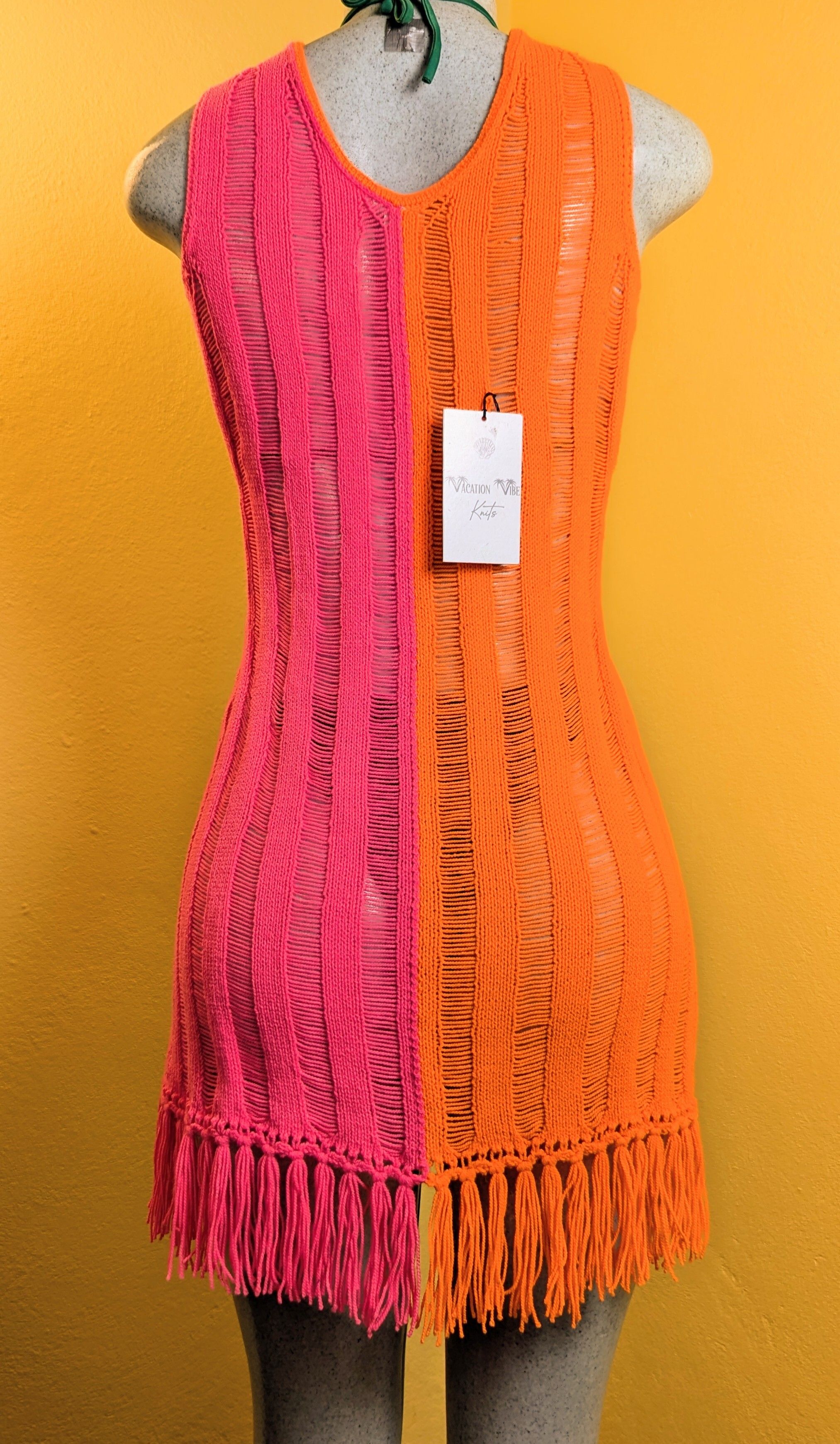  Color Block Breezy Stripe Knitted Swimsuit Cover Up in Pink and Orange_3