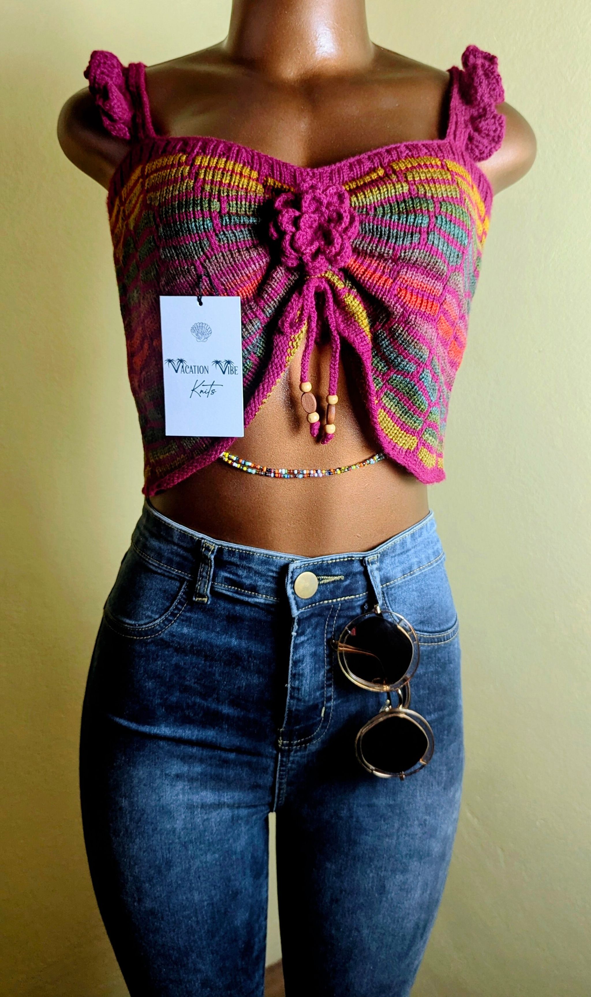  Honeycomb Floral Statement Crop Top in Dark Fuchsia Pink_5