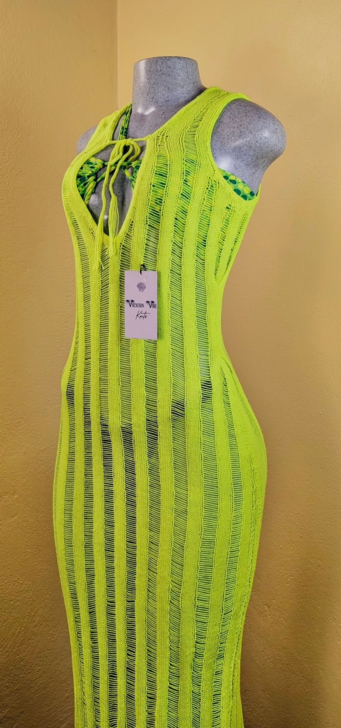  Neon Yellow Breezy Stripe Knitted Swimsuit Cover Up_6