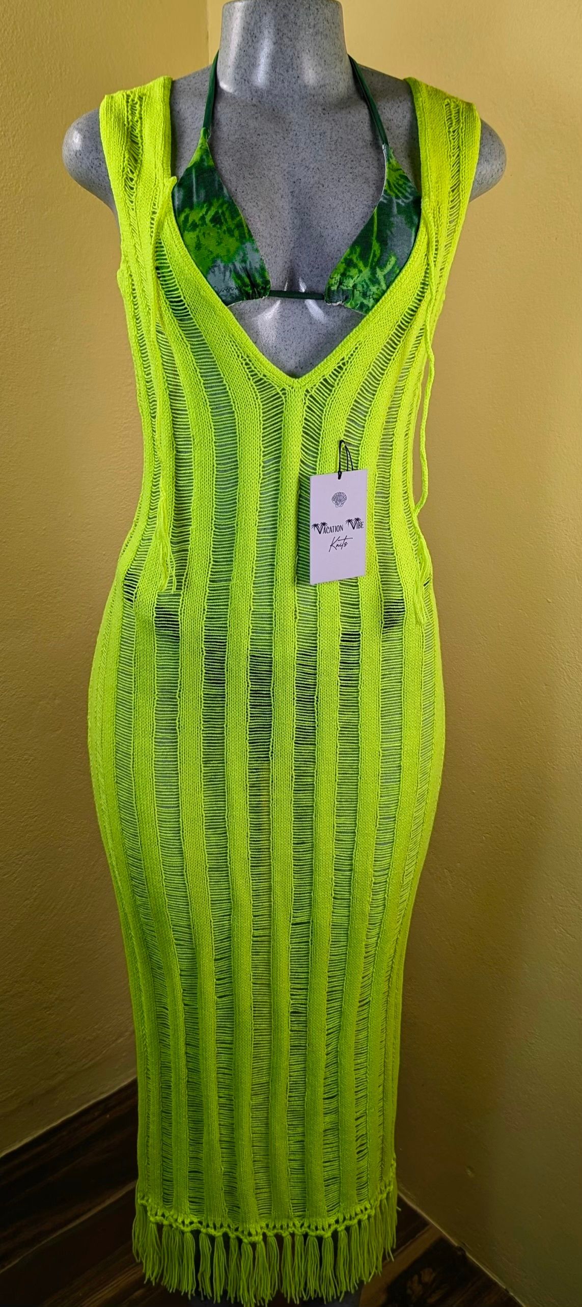  Neon Yellow Breezy Stripe Knitted Swimsuit Cover Up_10