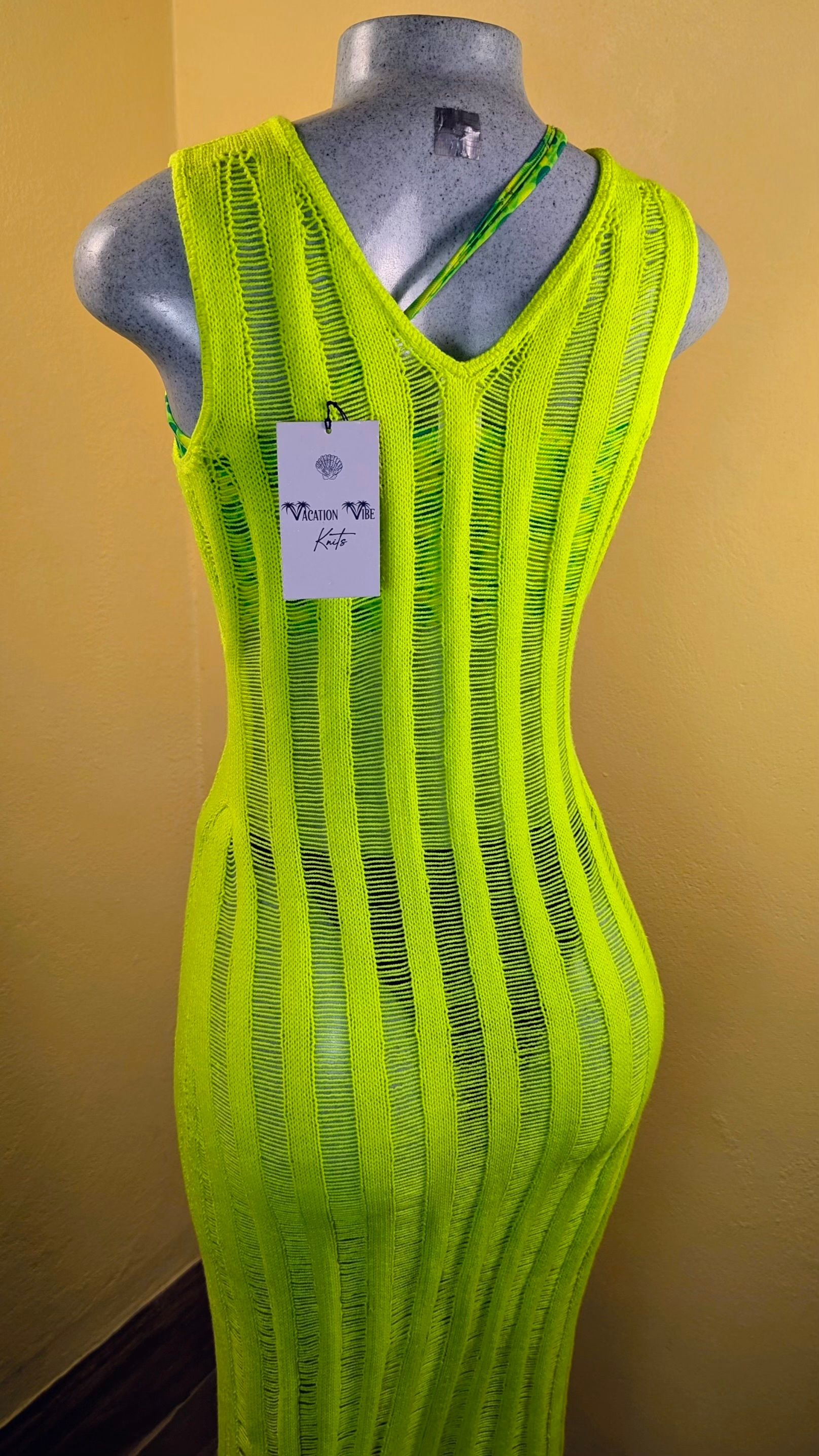  Neon Yellow Breezy Stripe Knitted Swimsuit Cover Up_4
