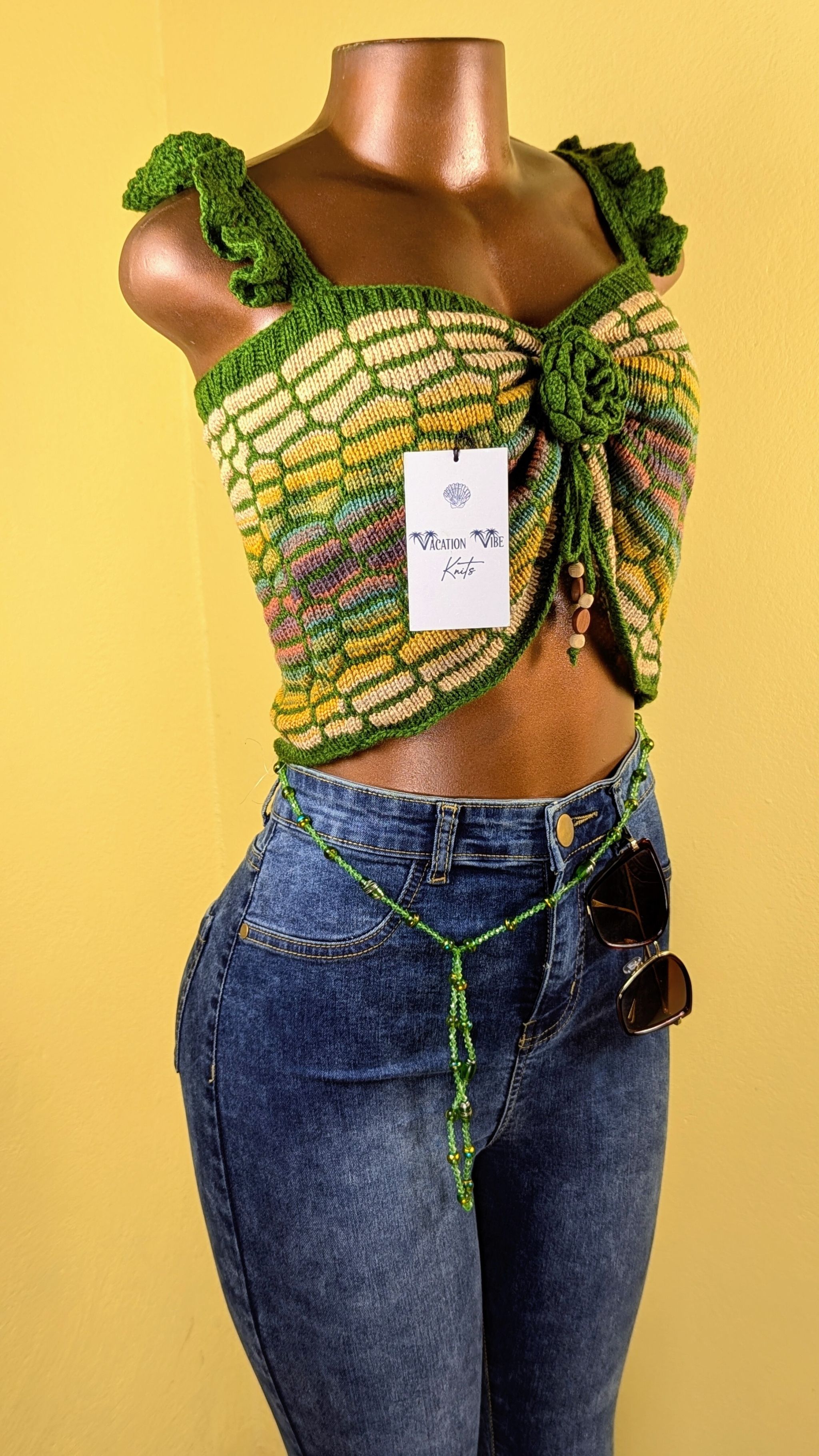 Honeycomb Floral Statement Crop Top in Army Green