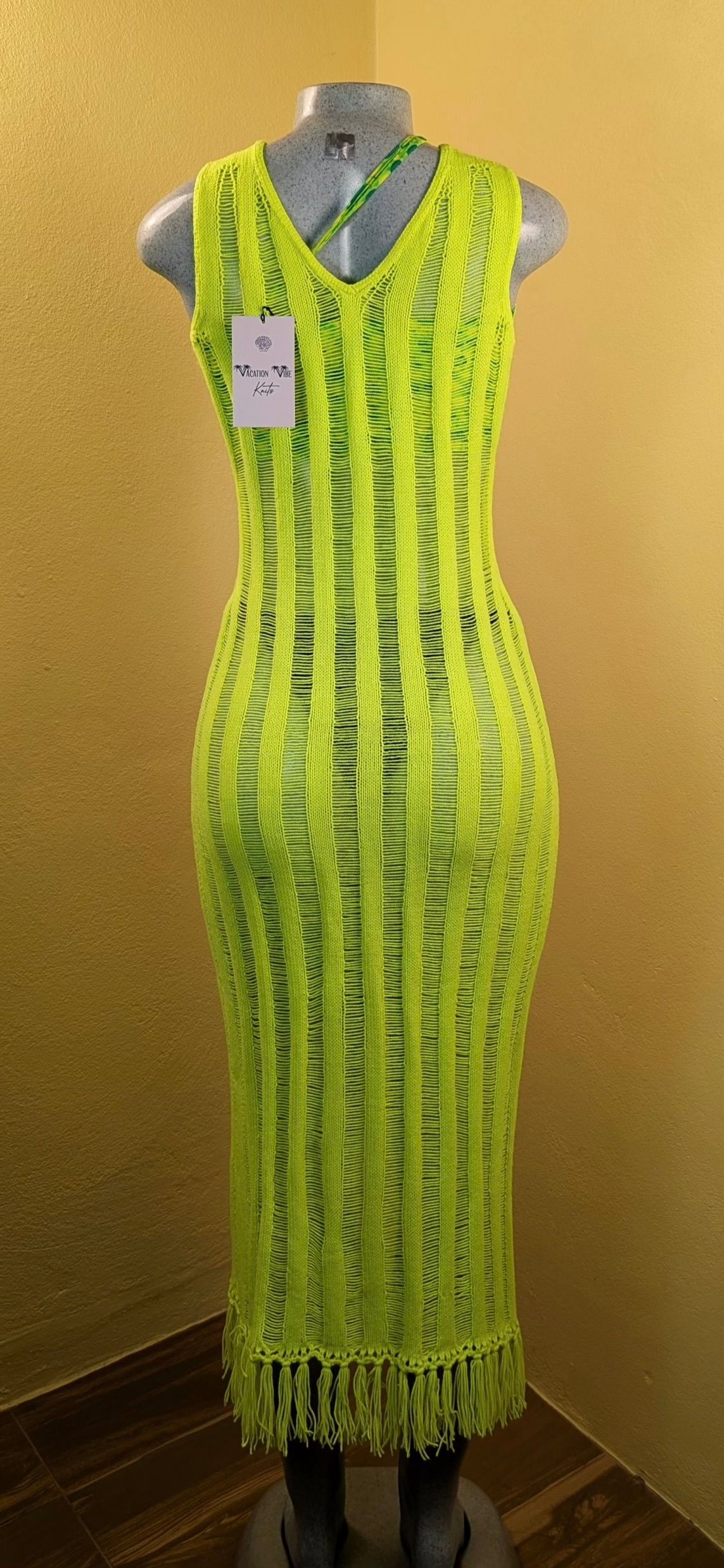  Neon Yellow Breezy Stripe Knitted Swimsuit Cover Up_7
