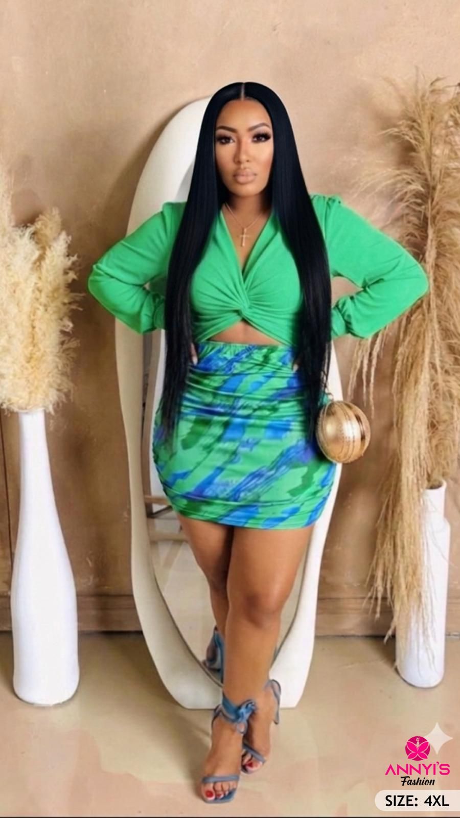 Luxe Green Twist Crop Top and Printed Mini Skirt Set [4XL]