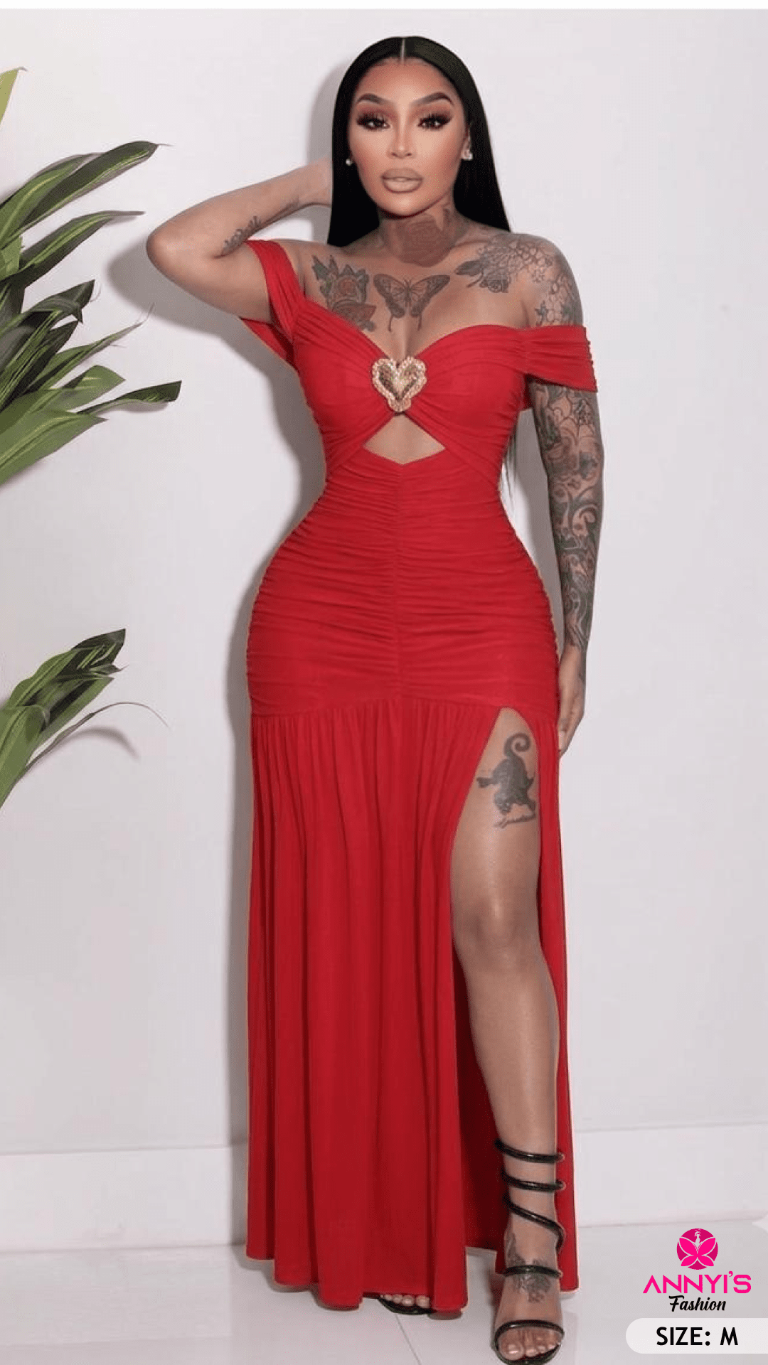 Opulent Red Ruched Off Shoulder Maxi Dress [M]