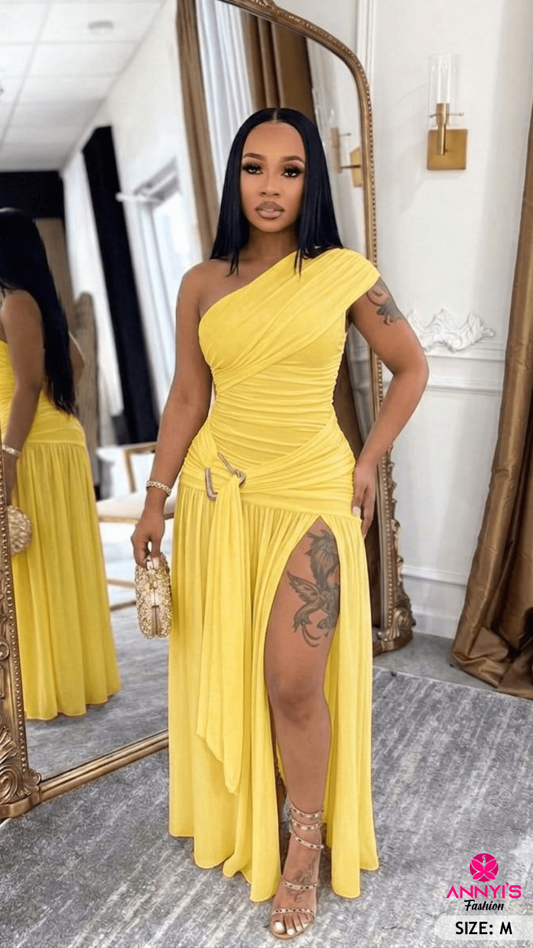 Luxe One Shoulder Yellow Maxi Dress [M]