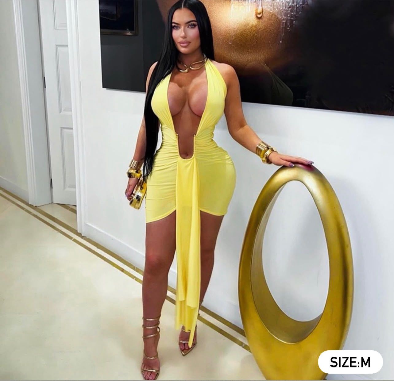 Allure Yellow Plunge Mini Dress [M]