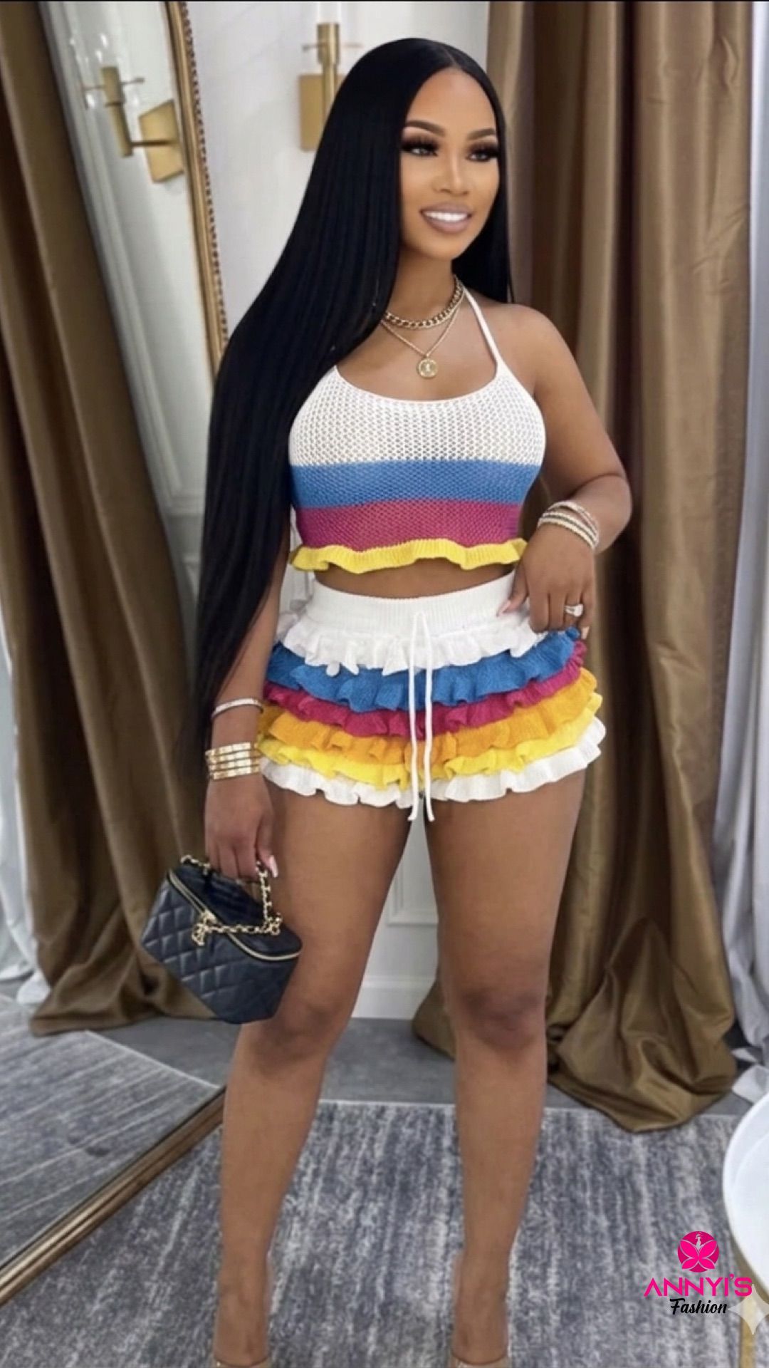 Exquisite Colorblock Ruffle Knit Crop Set [ONE-SIZE]