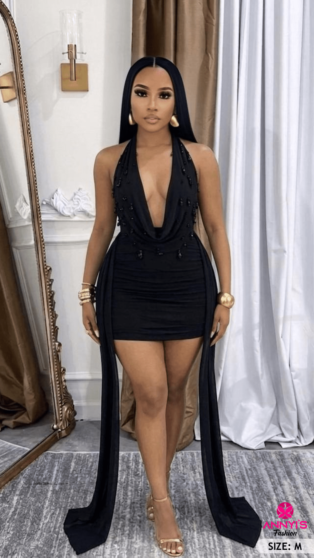Opulent Black Embellished Mini Dress [M]