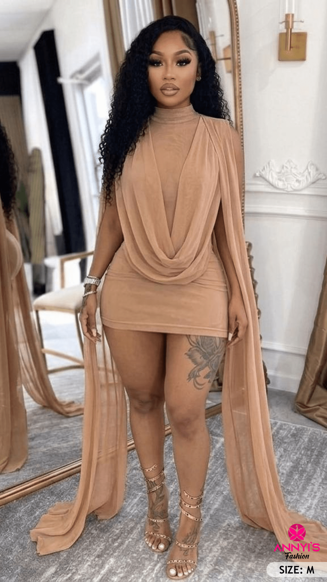 Opulent Draped Sheer Sleeve Mini Dress [M]