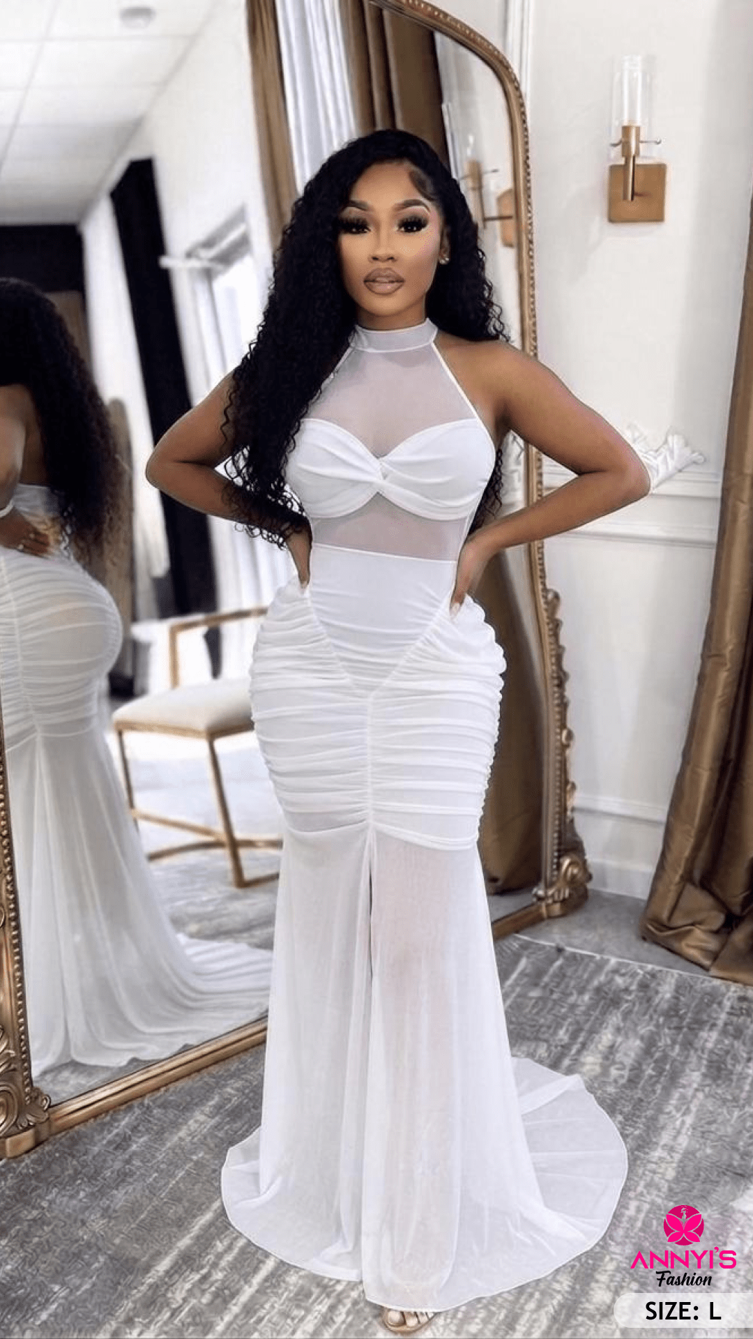 Goddess Sheer Mesh Ruched Maxi Dress [L]