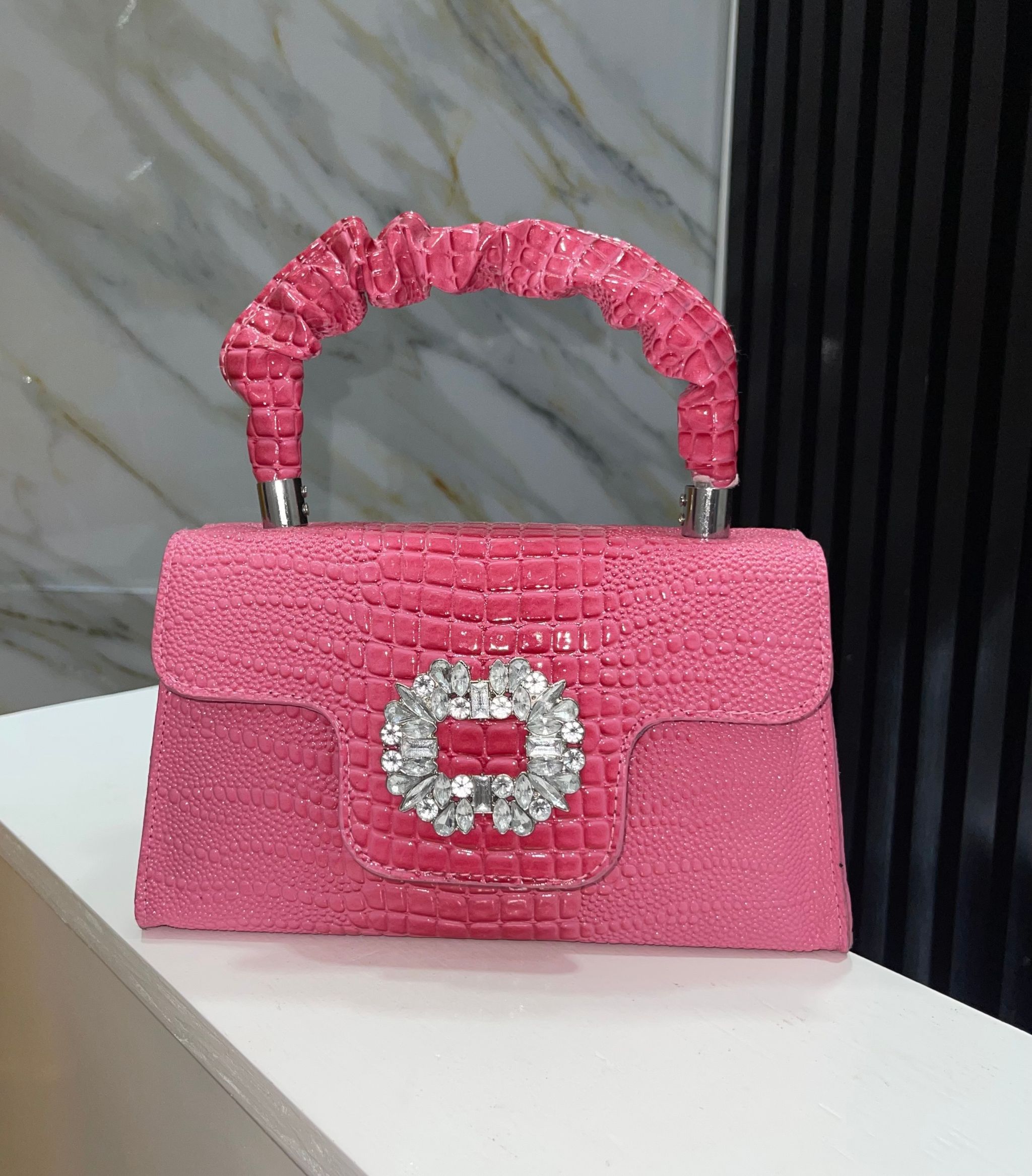 Bliss Croc-Embossed Pink Crystal-Embellished Handbag 
