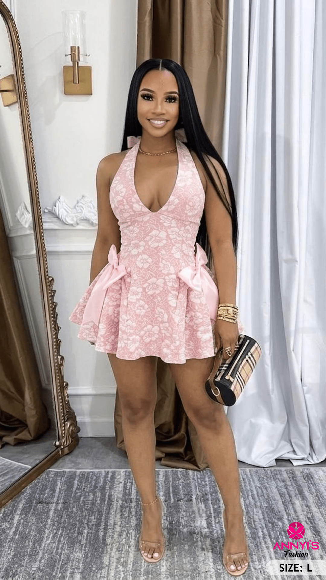 Luxe Pink Floral Halter Dress [L]