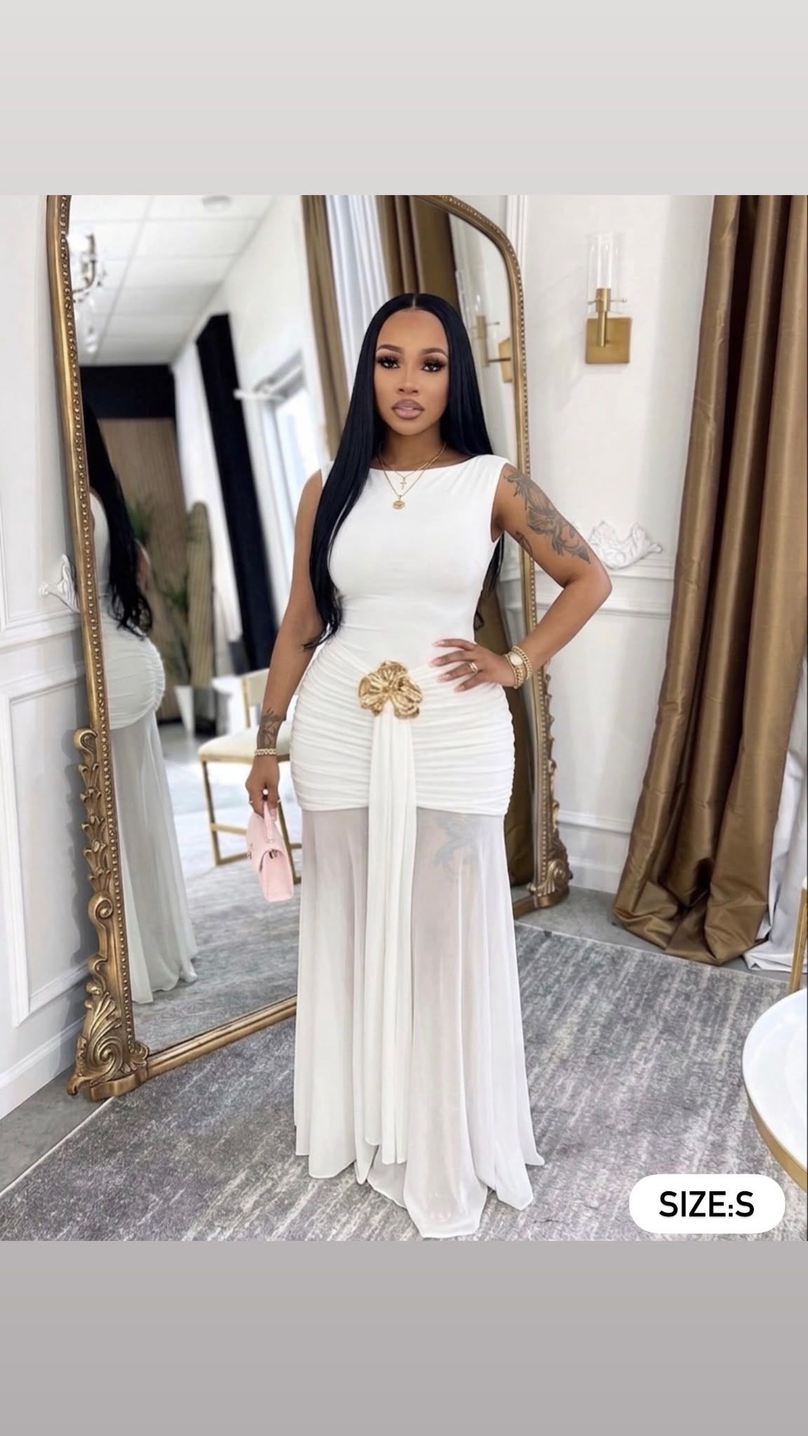 Opulent White Sheer Maxi Dress with Gold Accent [S]