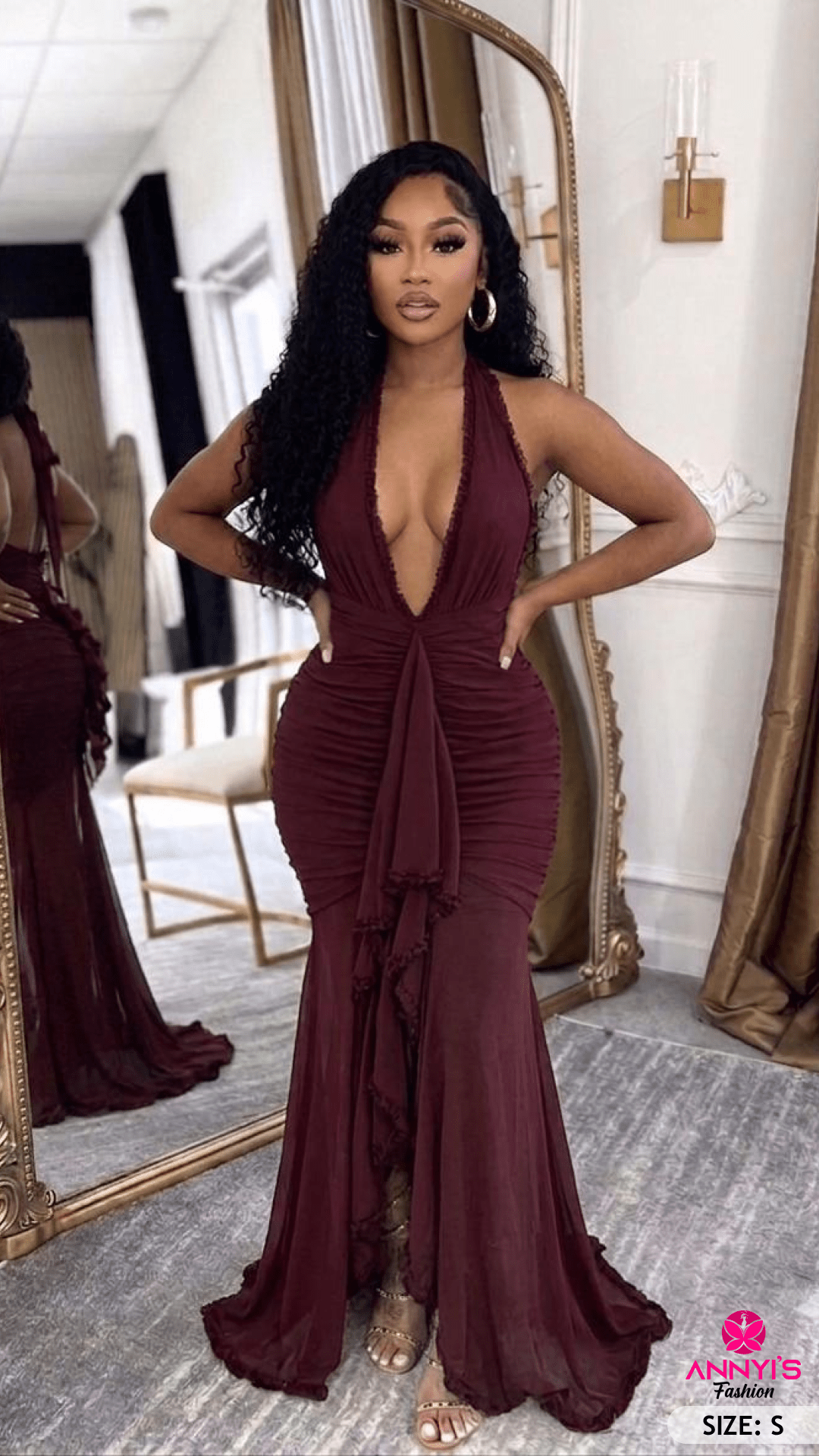 Majestic Burgundy Ruched Halter Evening Dress [S]