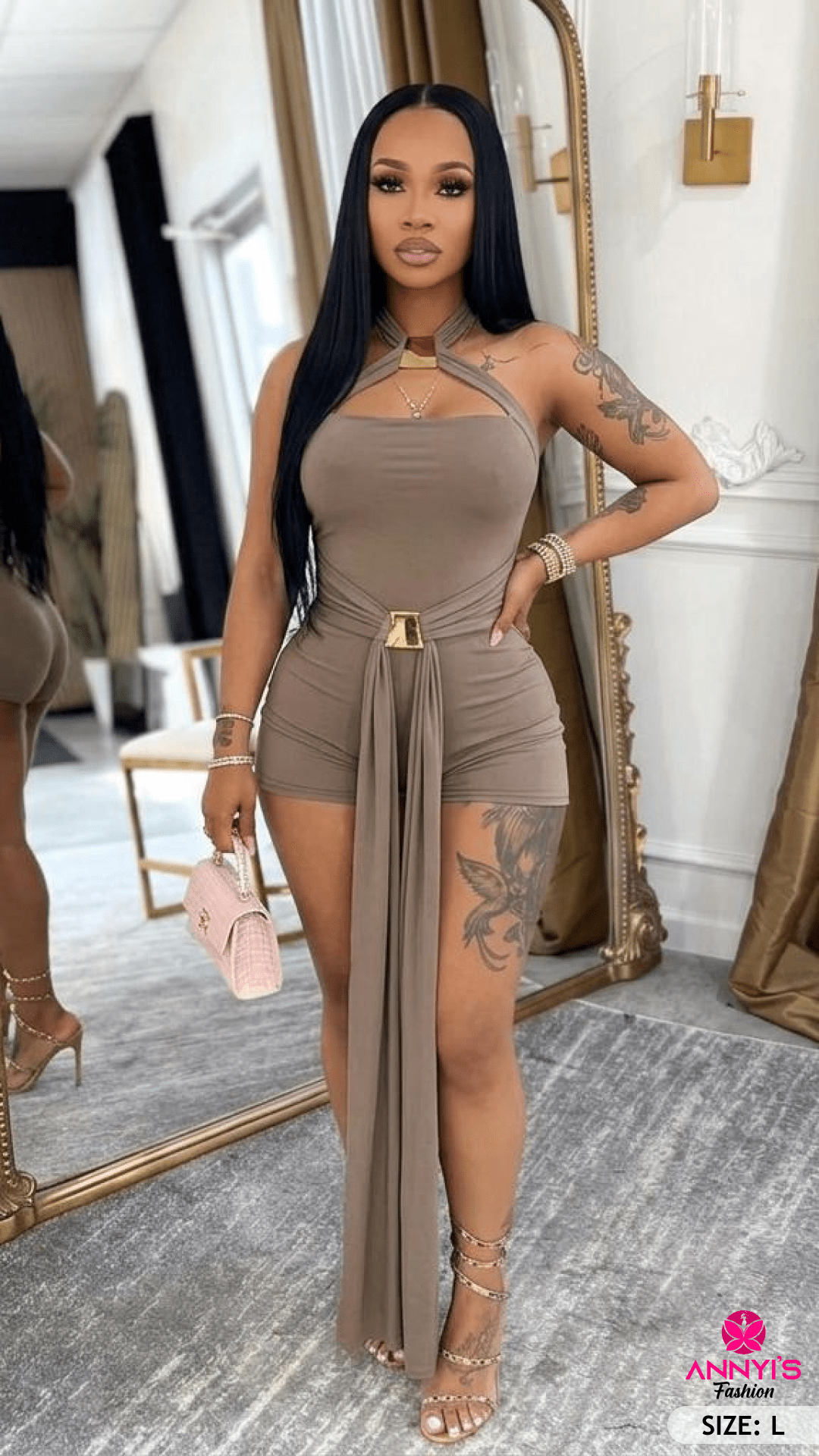 Opulent Taupe Halter Neck Mini Dress with Draped Belt [L]