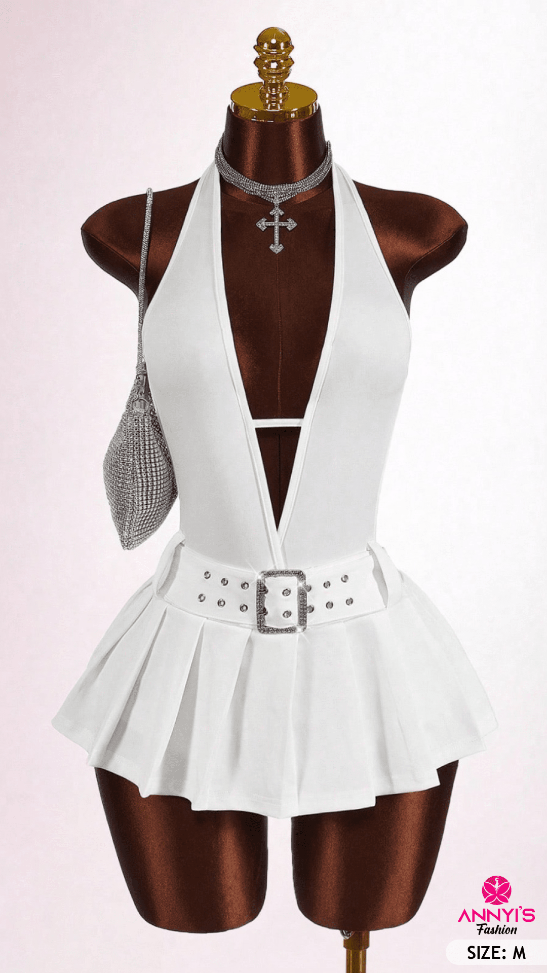 Luxe Halter Pleated Mini Dress with Belt [M]