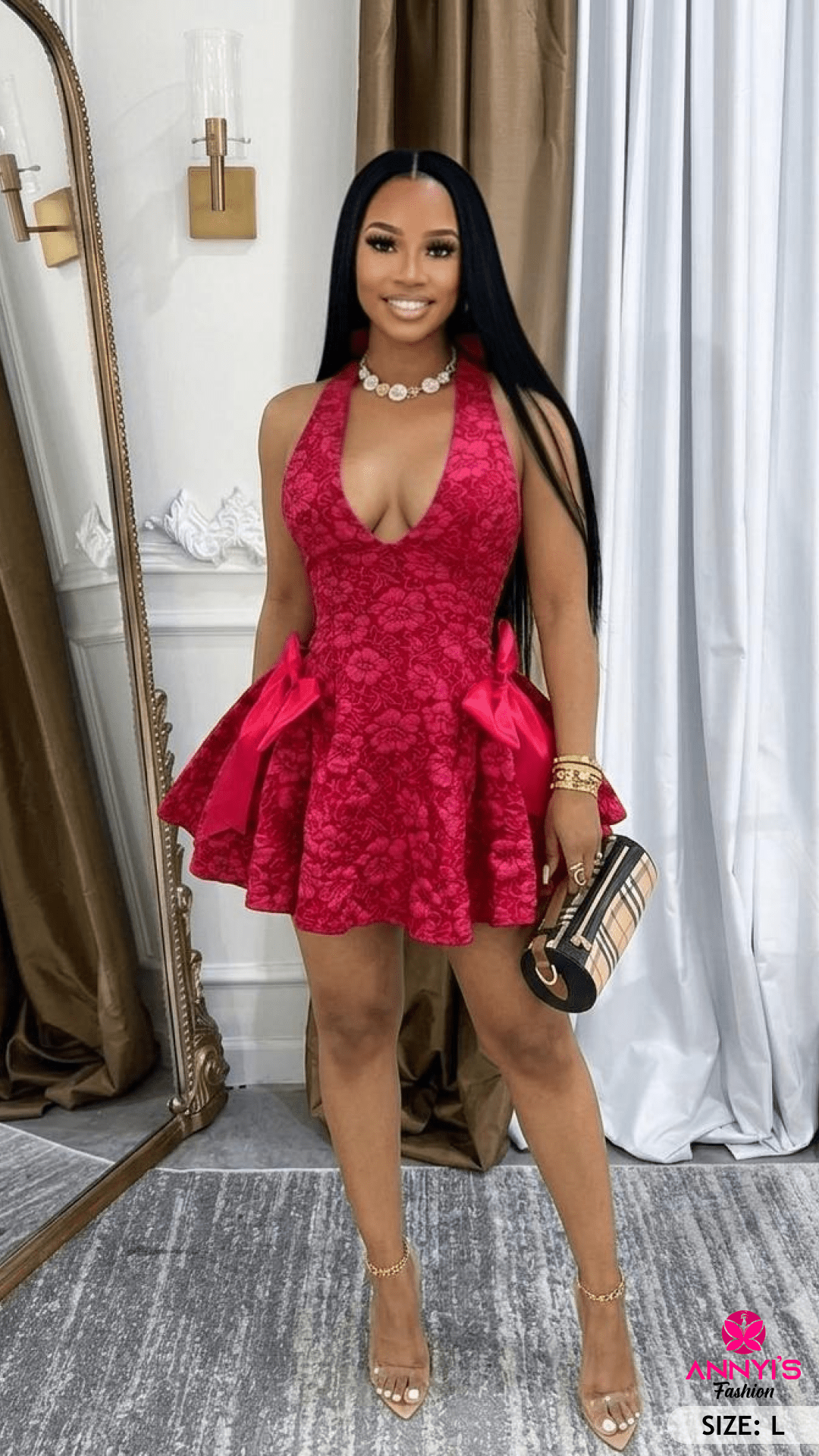 Opulent Red Floral Pattern Halter Mini Dress with Bows [L]