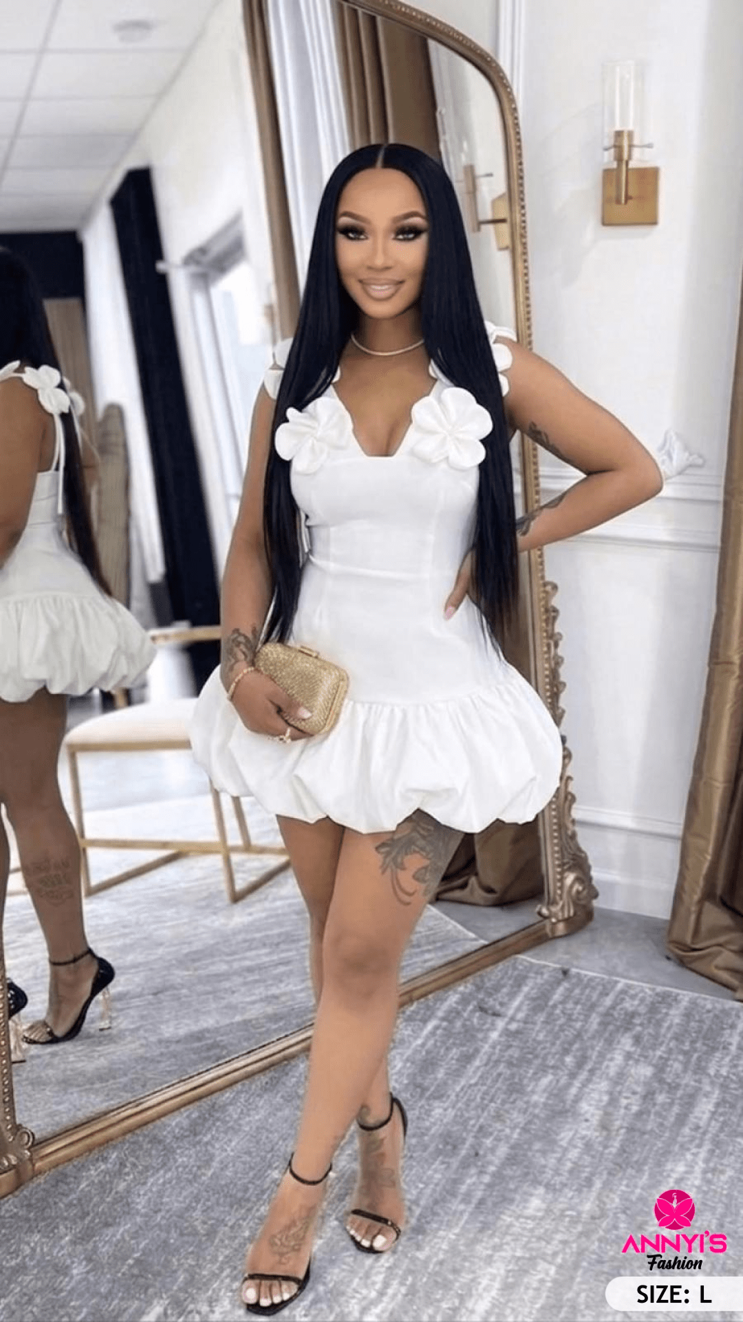 Opulent White Floral Detail Puff Hem Dress [L]