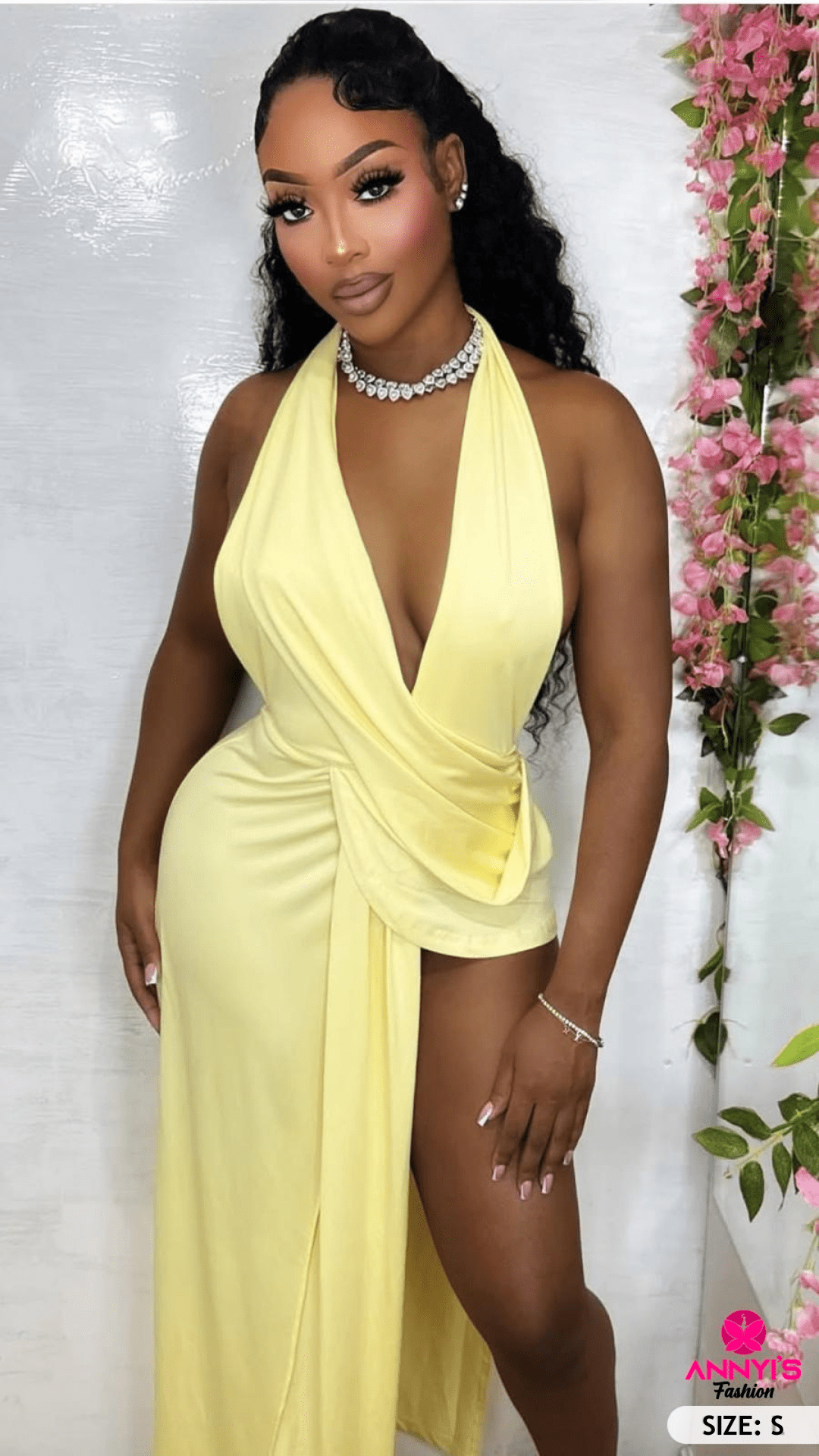 Allure Yellow Halter Slit Maxi Dress [S]