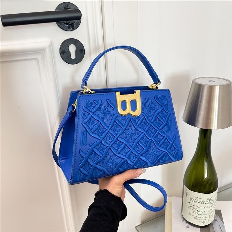 Enchanted Elegance Blue Embossed Leather Handbag 