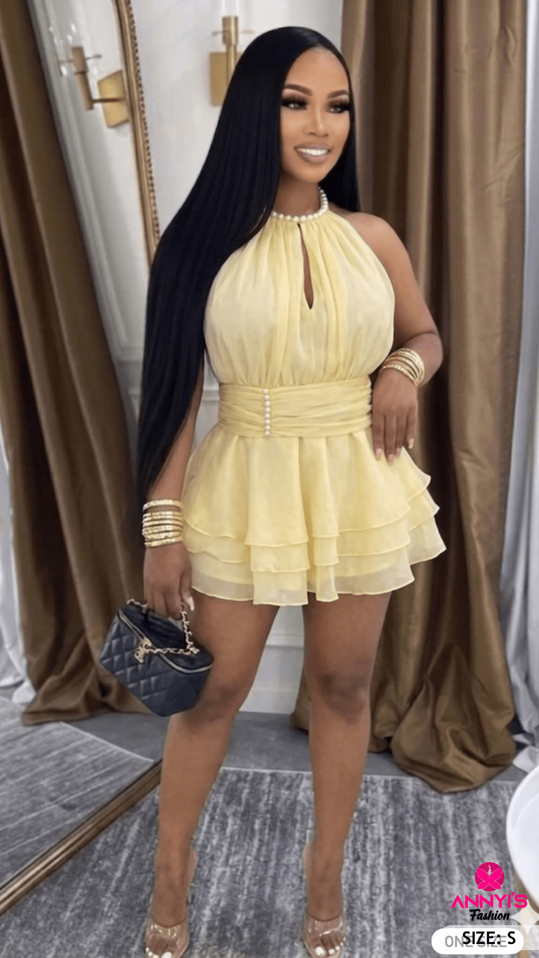 Chic Yellow Pearl-Accent Halter Dress [S]