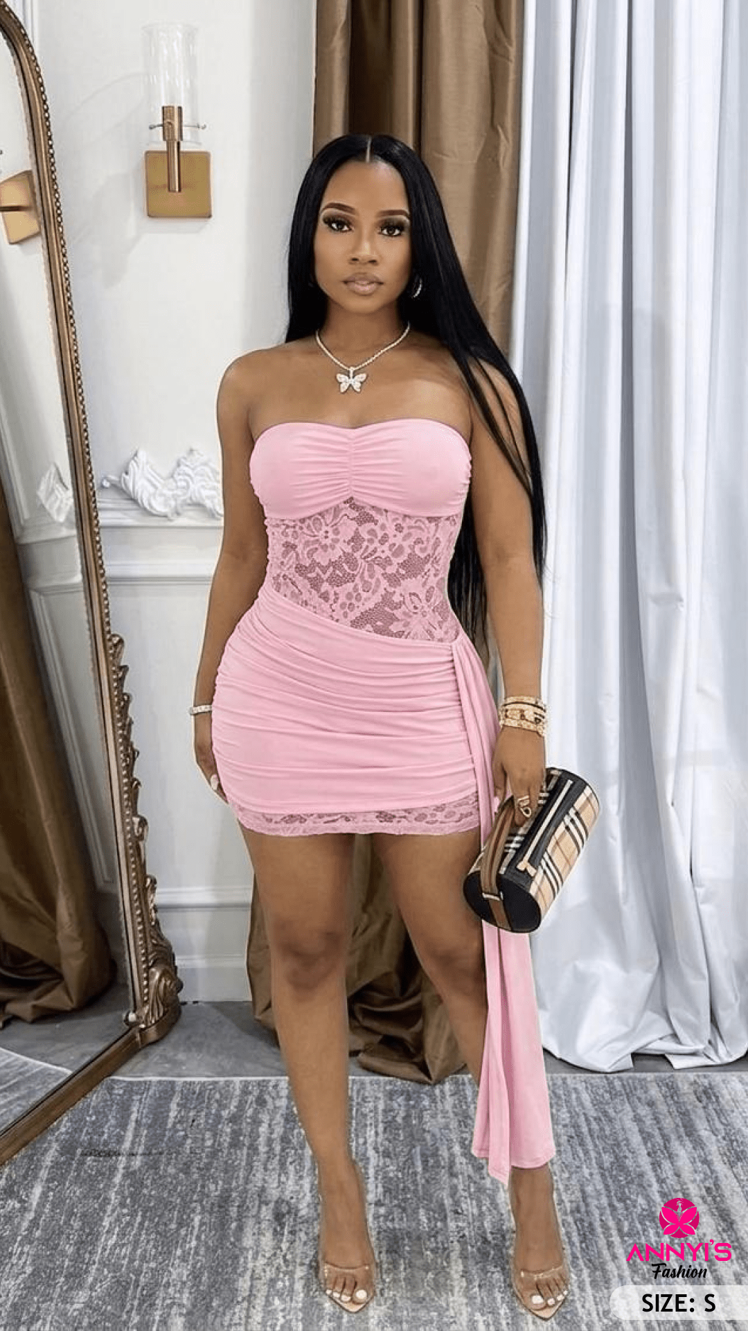 Luxe Pink Lace Ruched Mini Dress [S]