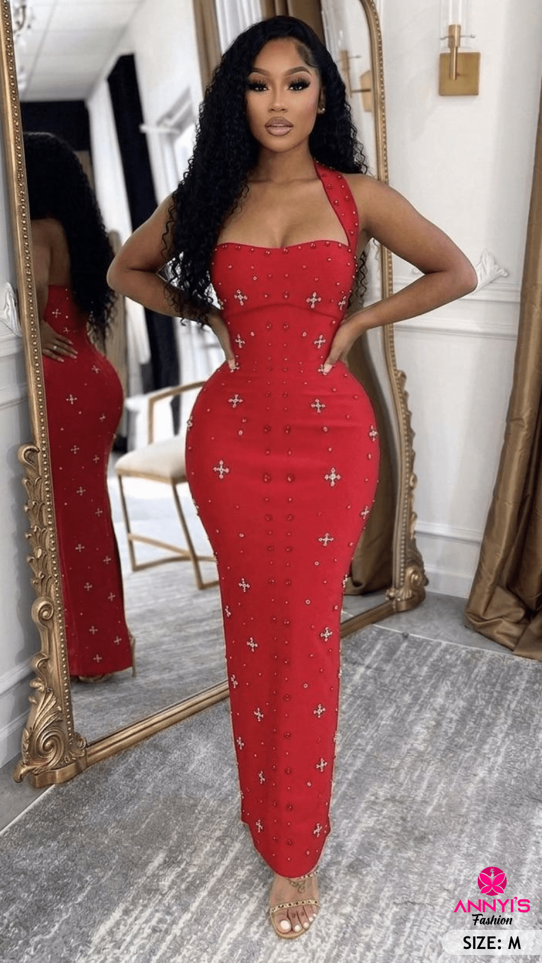 Glam Red Beaded Halter Evening Dress [M]