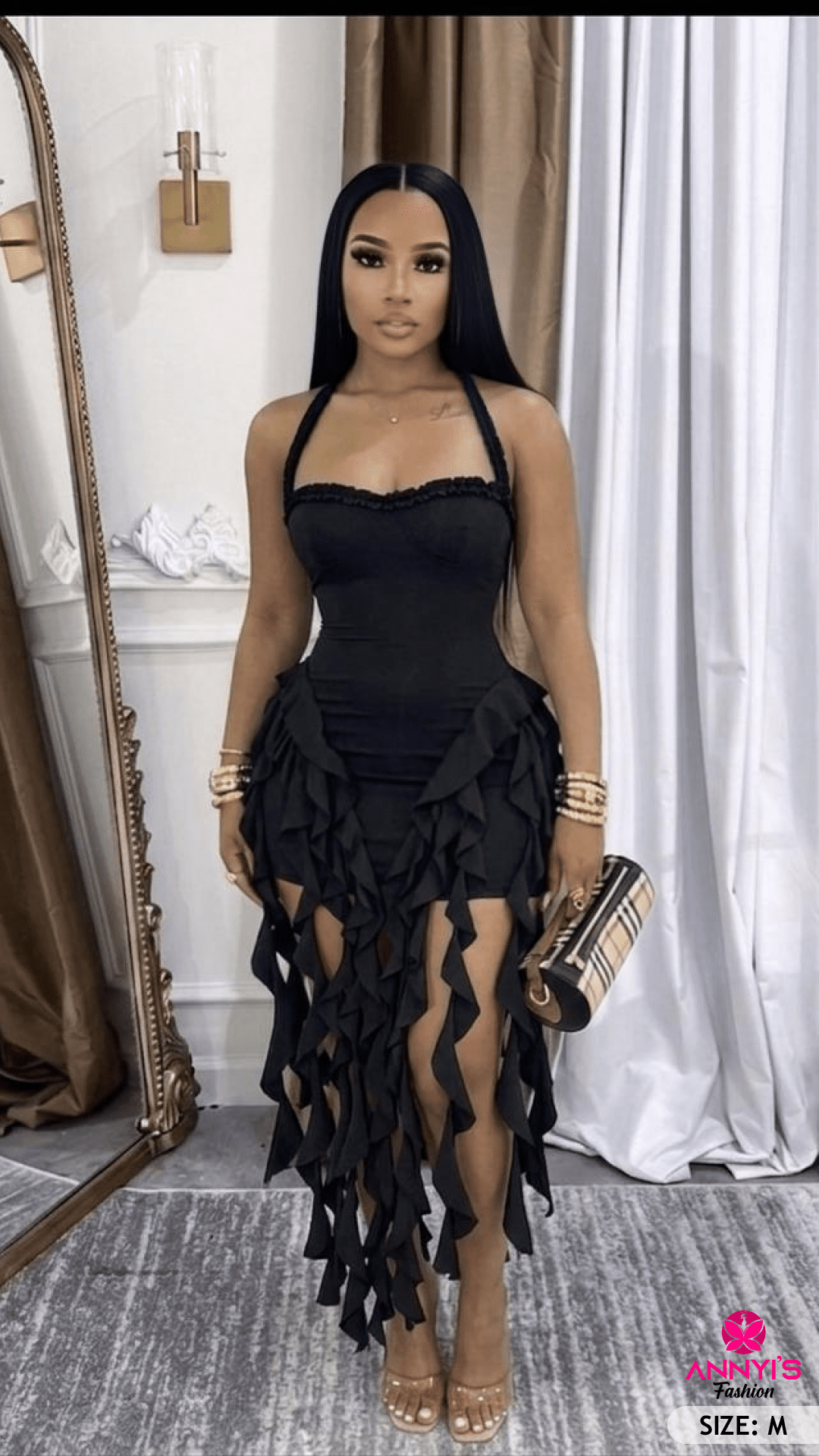 Luxe Ruffled Asymmetric Black Dress [M]