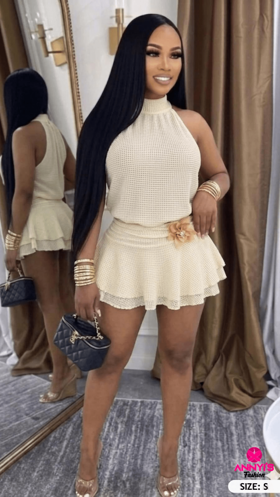 Luxe Beige Halter Knit Mini Dress [S]