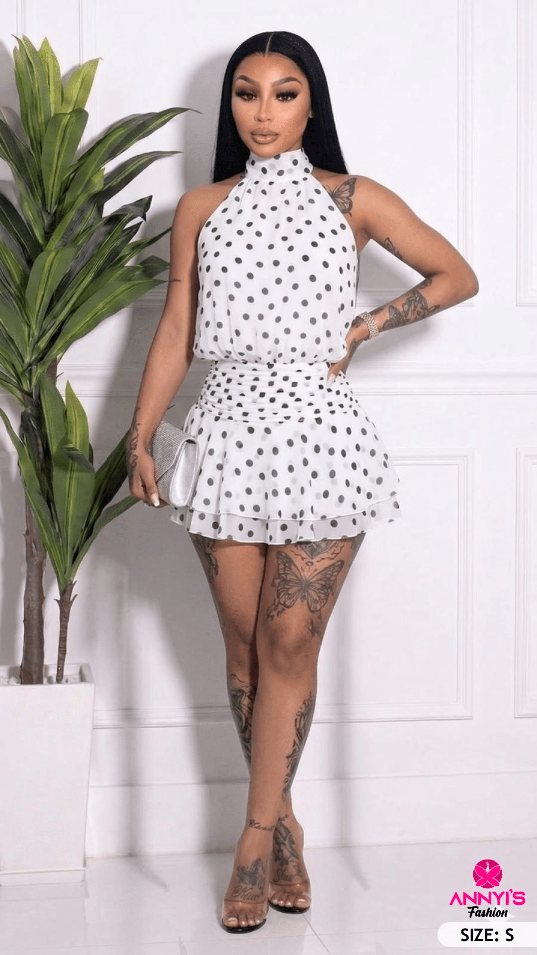 Luxe Polka Dot Halter Mini Dress [S]