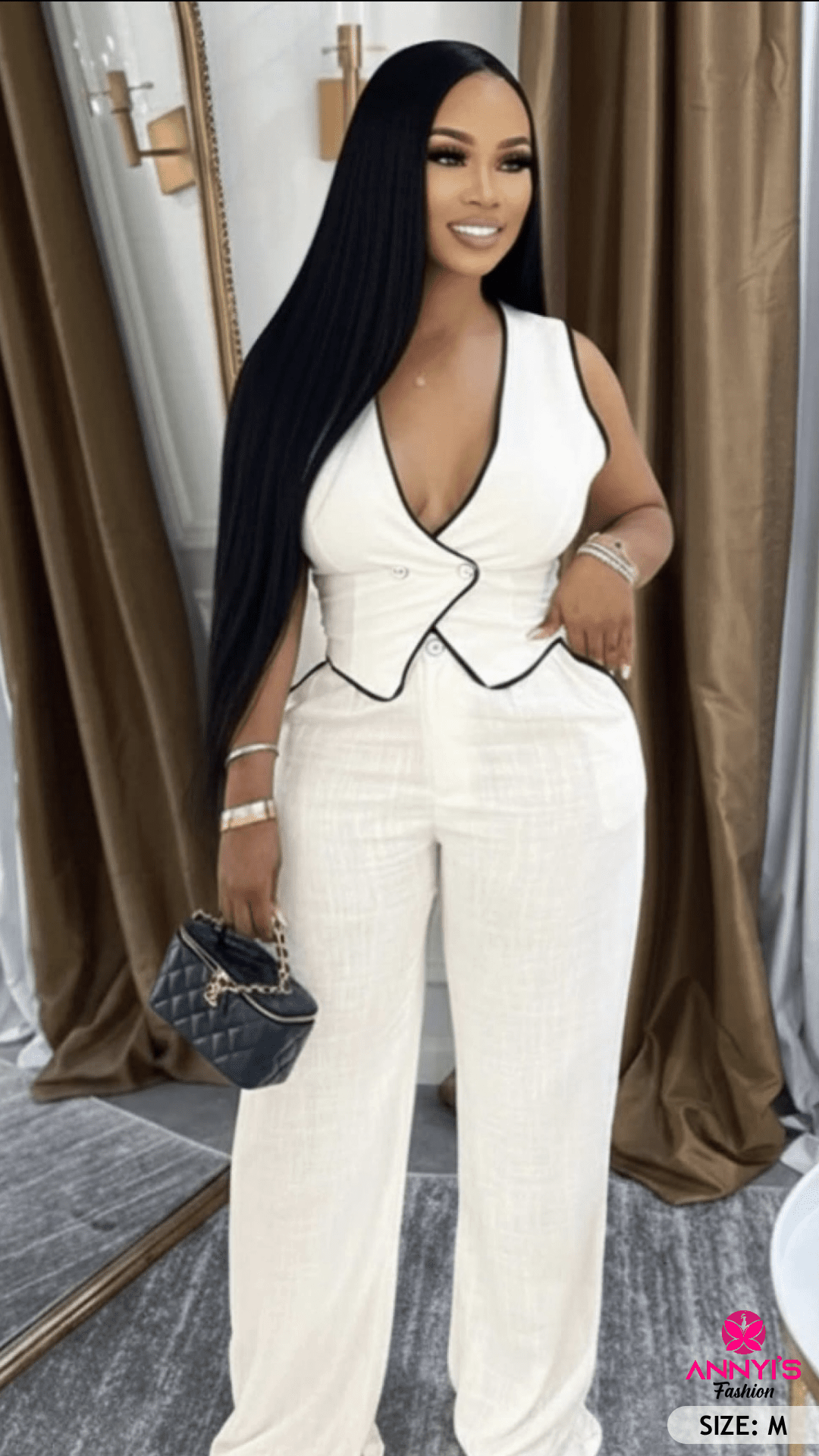 Luxe Two-Piece White Sleeveless Blazer and Pants Set [M]